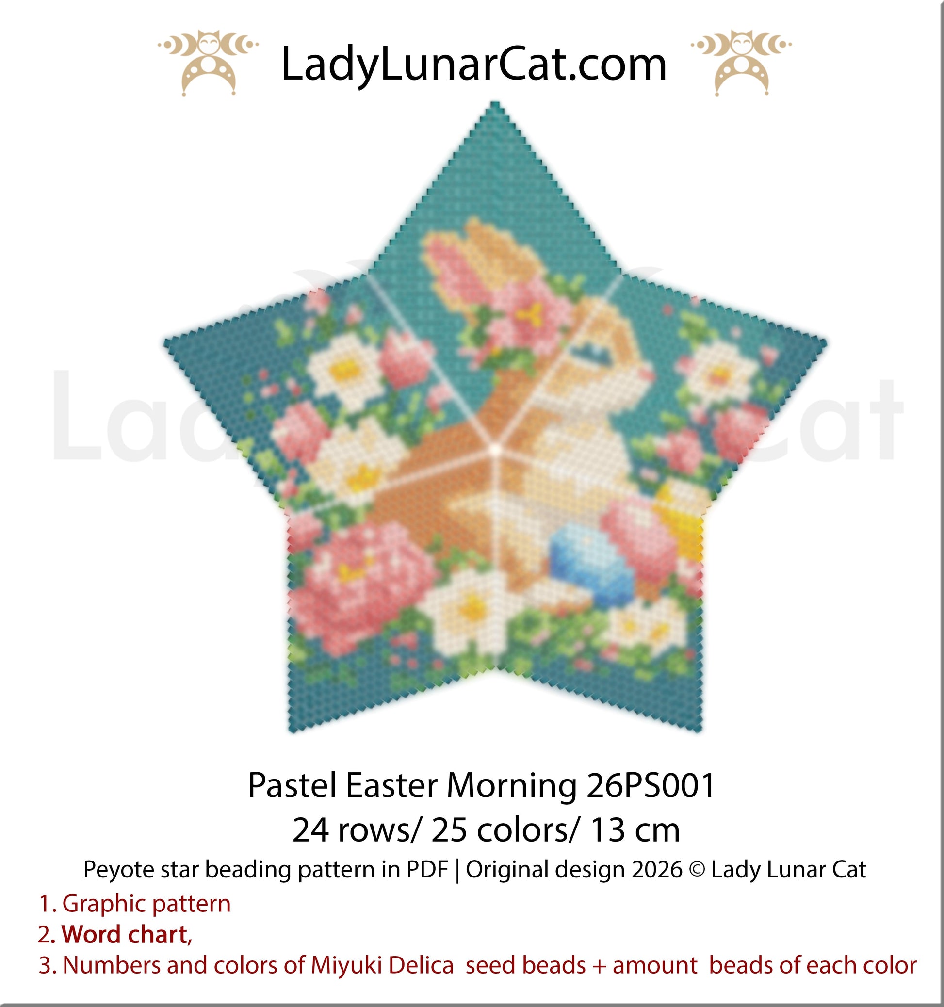 Pastel Easter Morning 26PS001 Peyote Star Beading Pattern, Easter Bunny Floral Design, 24 rows 25 colors, Lady Lunar Cat