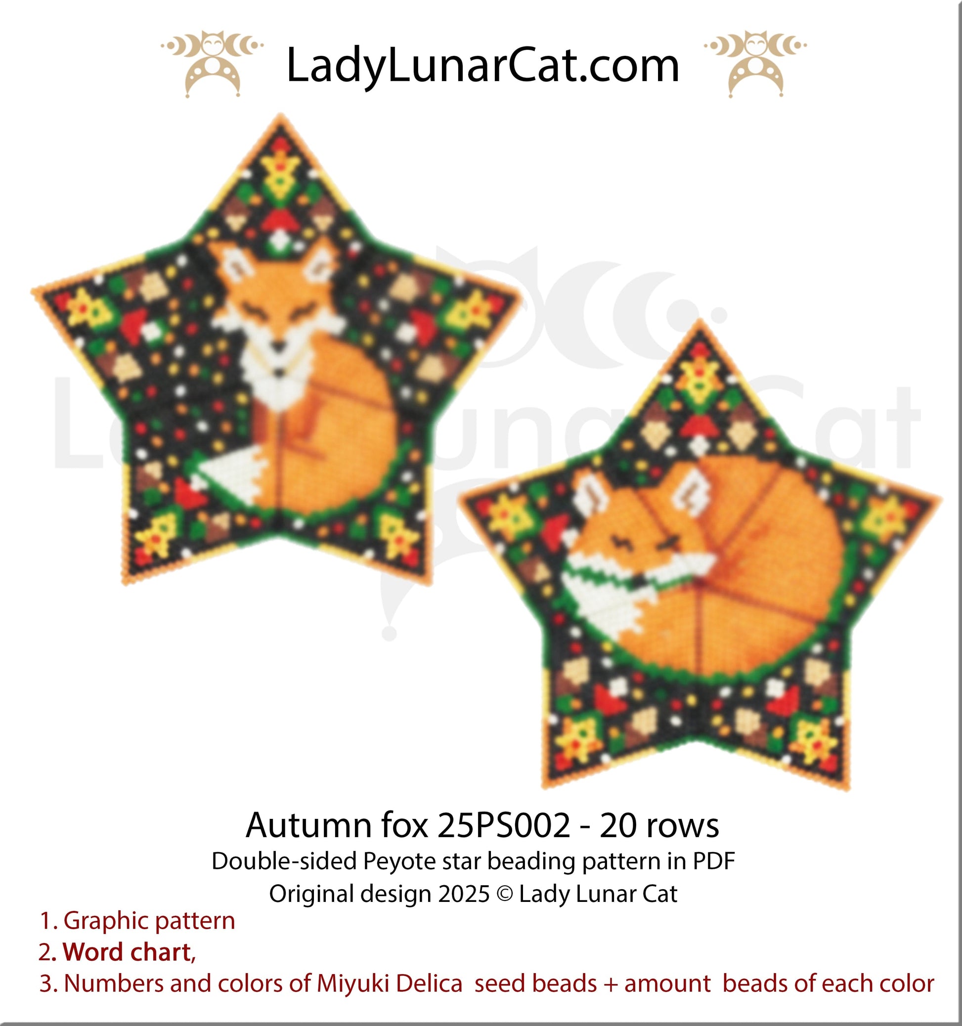 Autumn Fox 3D Peyote Star Pattern PDF | Double-Sided Christmas Ornamen pattern | Intermediate Beading | Lady Lunar Cat LadyLunarCat
