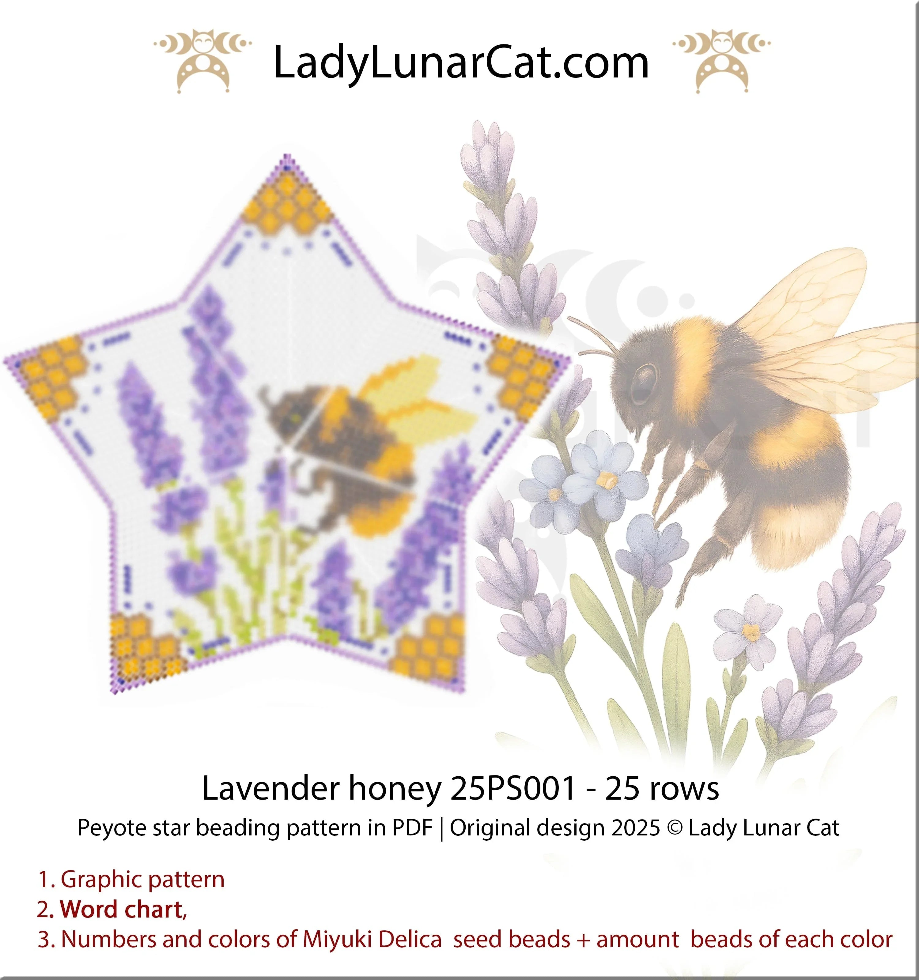 Lavender Honey beaded star full view - asymmetrical peyote star Miyuki Delica PDF LadyLunarCat