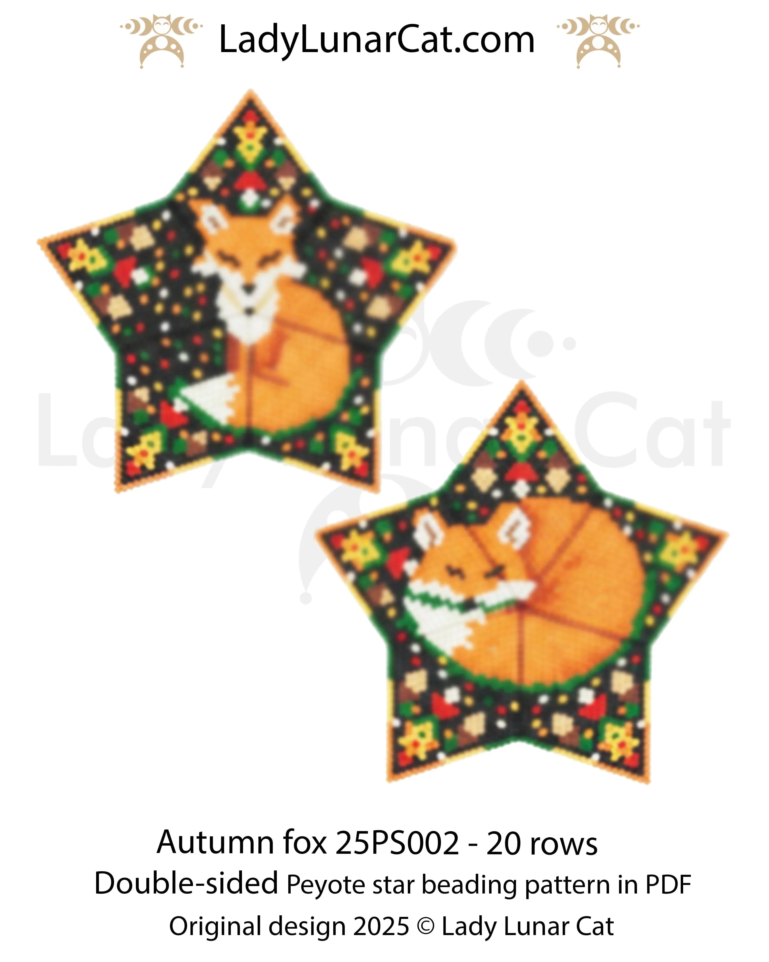 Autumn Fox 3D beaded star ornament - hanging christmas tree decoration peyote PDF LadyLunarCat