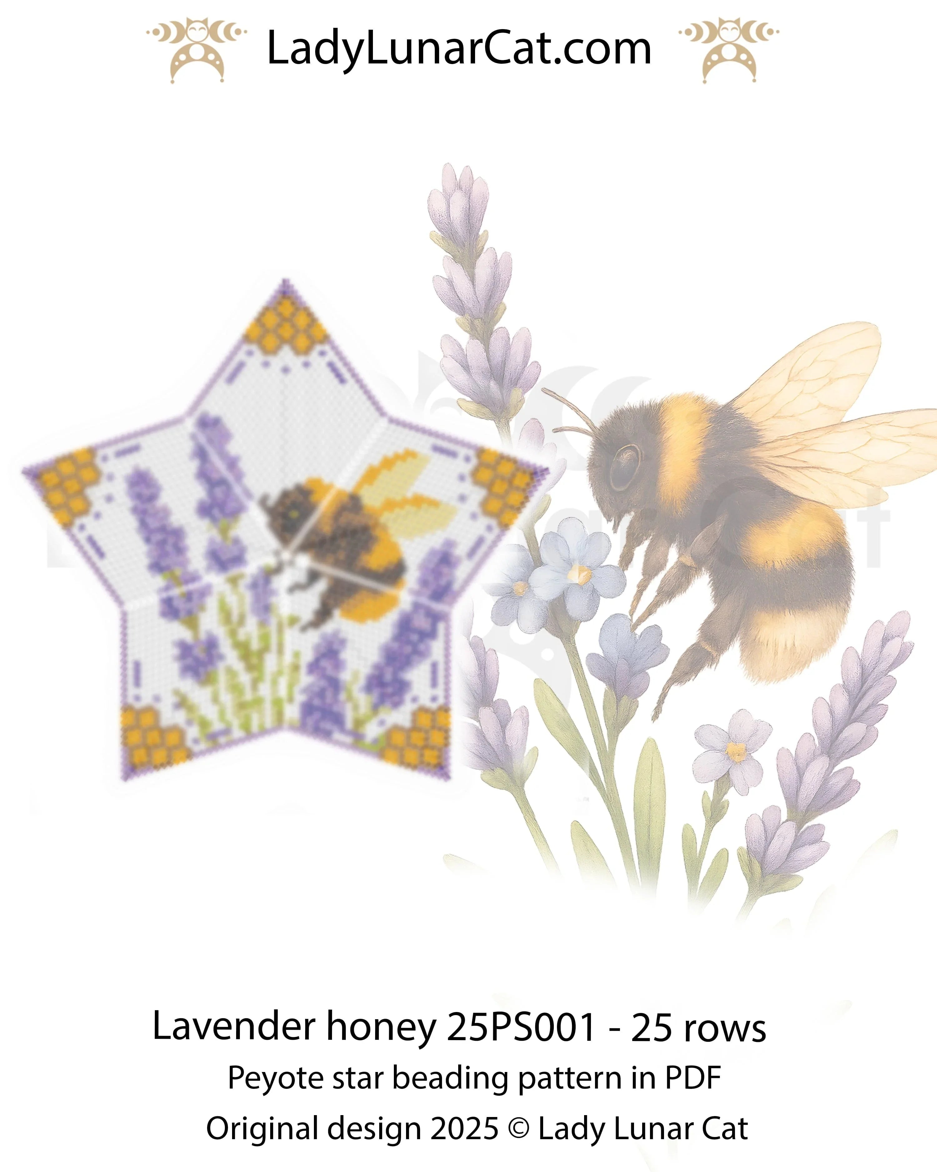 Lavender Honey peyote star detail - realistic bee on lavender honeycomb design LadyLunarCat