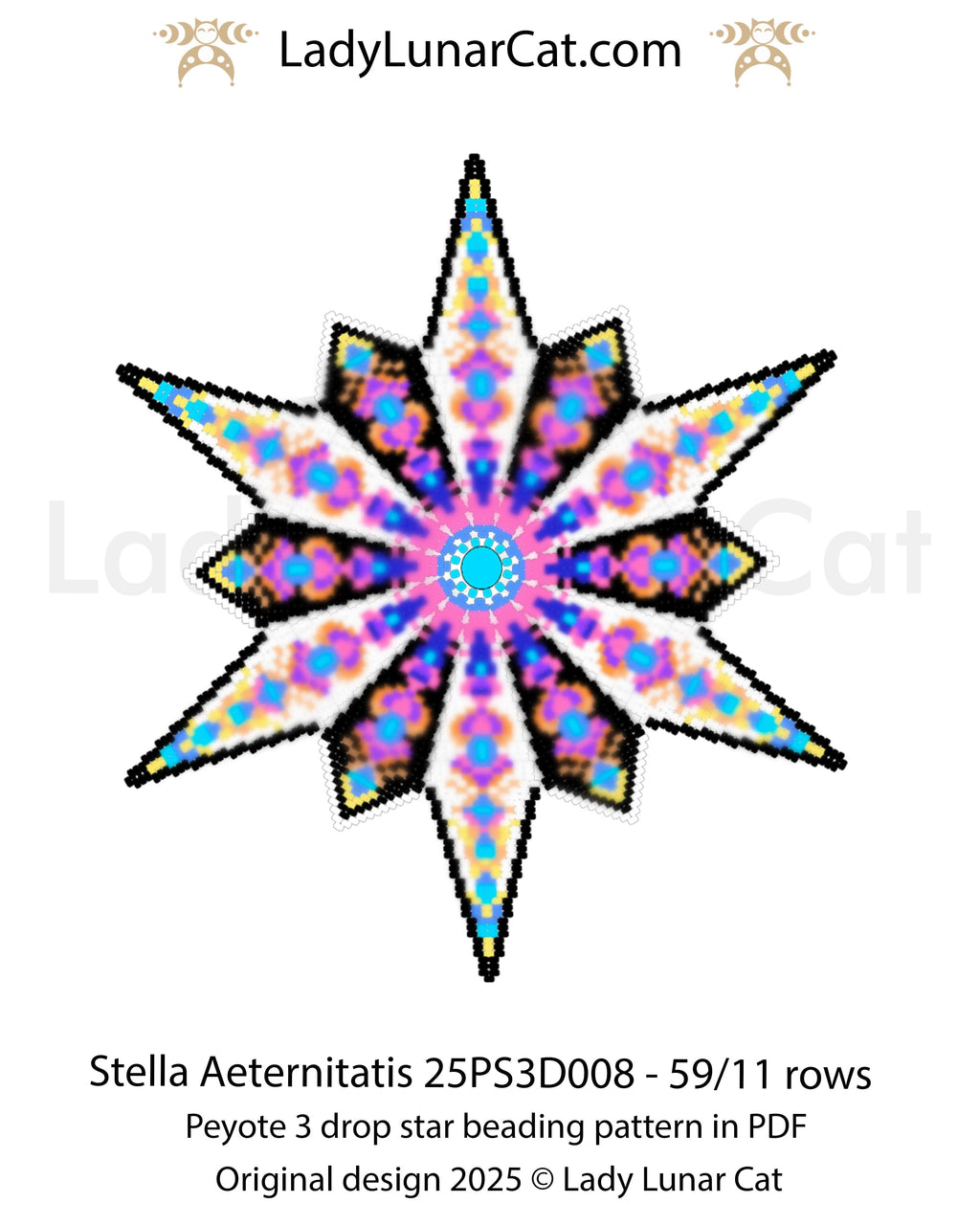 Abstract mandala star beading pattern – Stella Aeternitatis peyote 3 drop tutorial (Beginner-Friendly PDF) LadyLunarCat