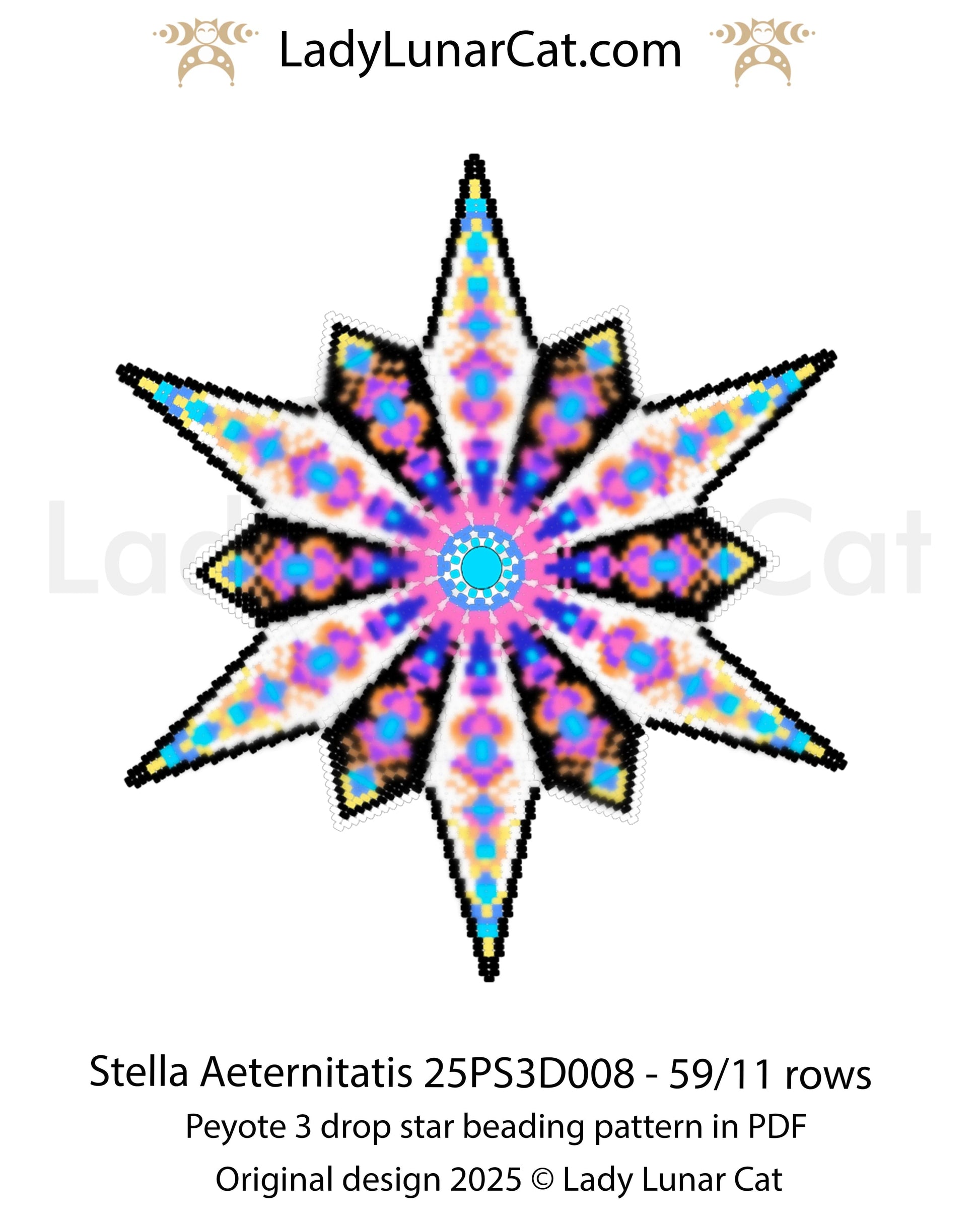Abstract mandala star beading pattern – Stella Aeternitatis peyote 3 drop tutorial (Beginner-Friendly PDF) LadyLunarCat