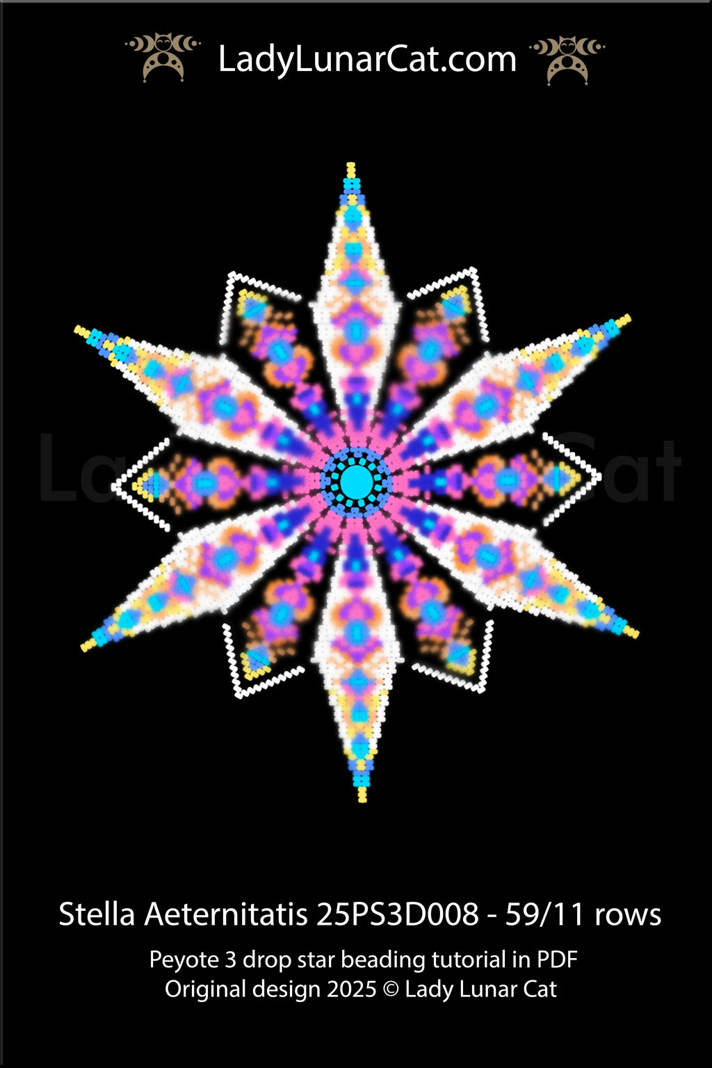 Abstract mandala star beading pattern – Stella Aeternitatis peyote 3 drop tutorial (Beginner-Friendly PDF) LadyLunarCat