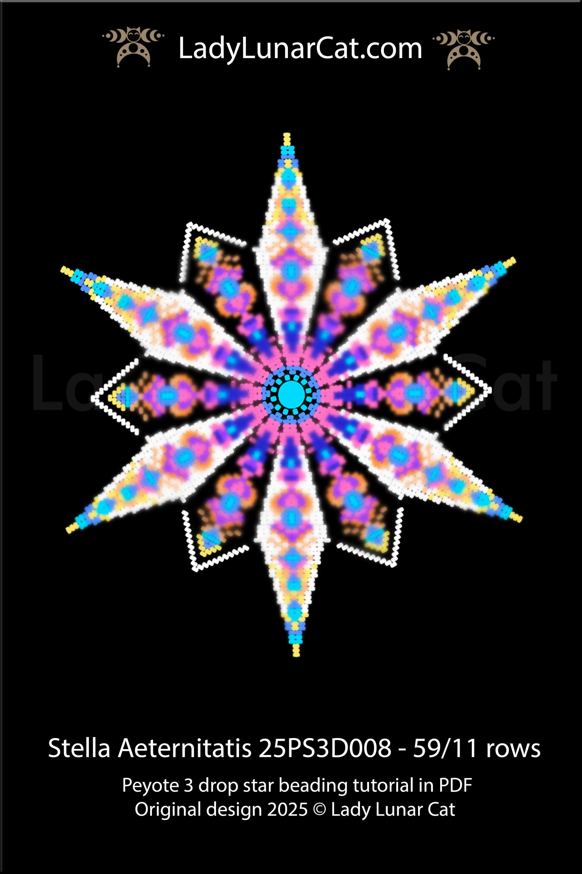 Abstract mandala star beading pattern – Stella Aeternitatis peyote 3 drop tutorial (Beginner-Friendly PDF) LadyLunarCat