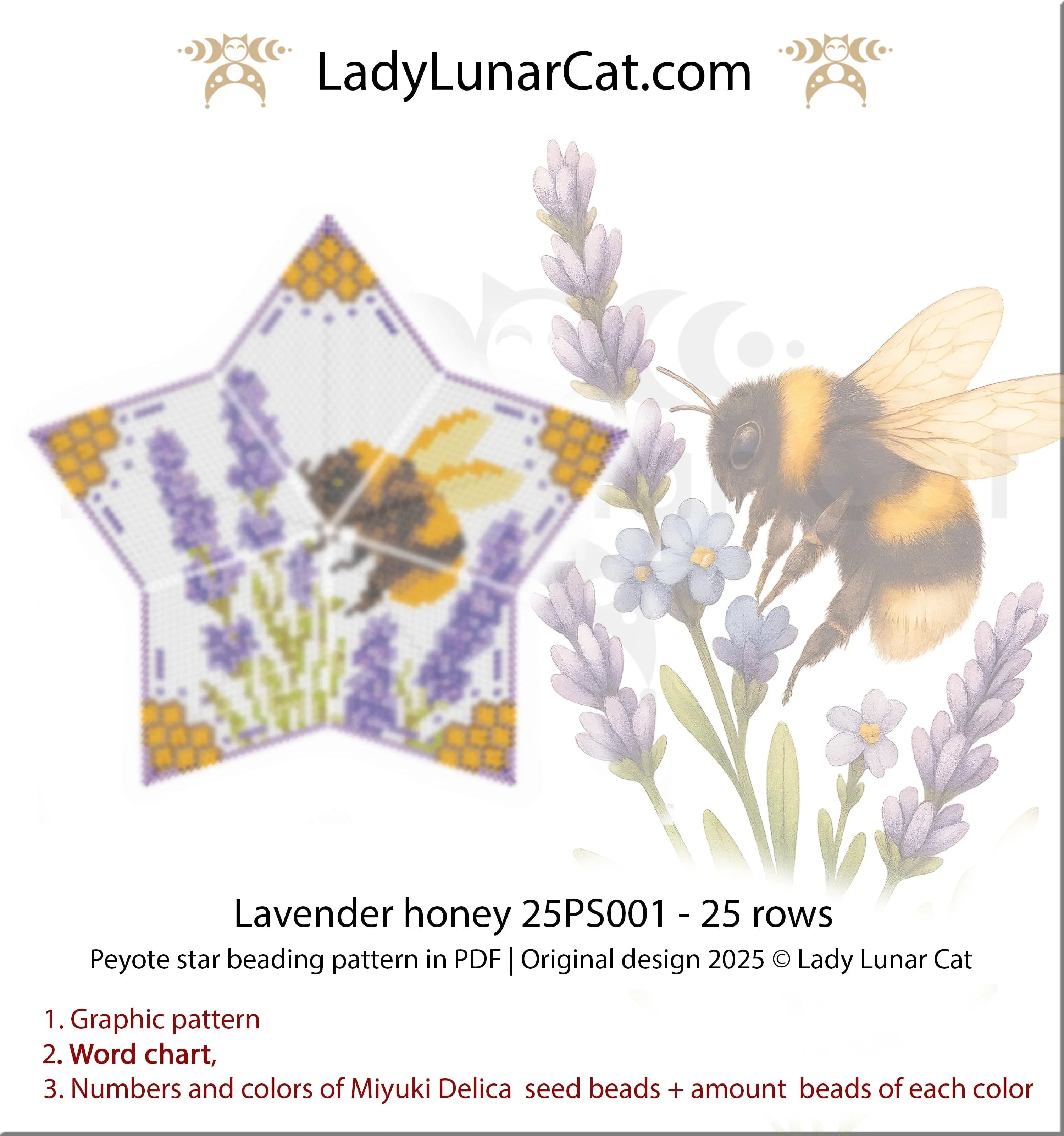 Lavender Honey bumblebee beaded star pattern - advanced peyote 25 rows 19 colors PDF LadyLunarCat