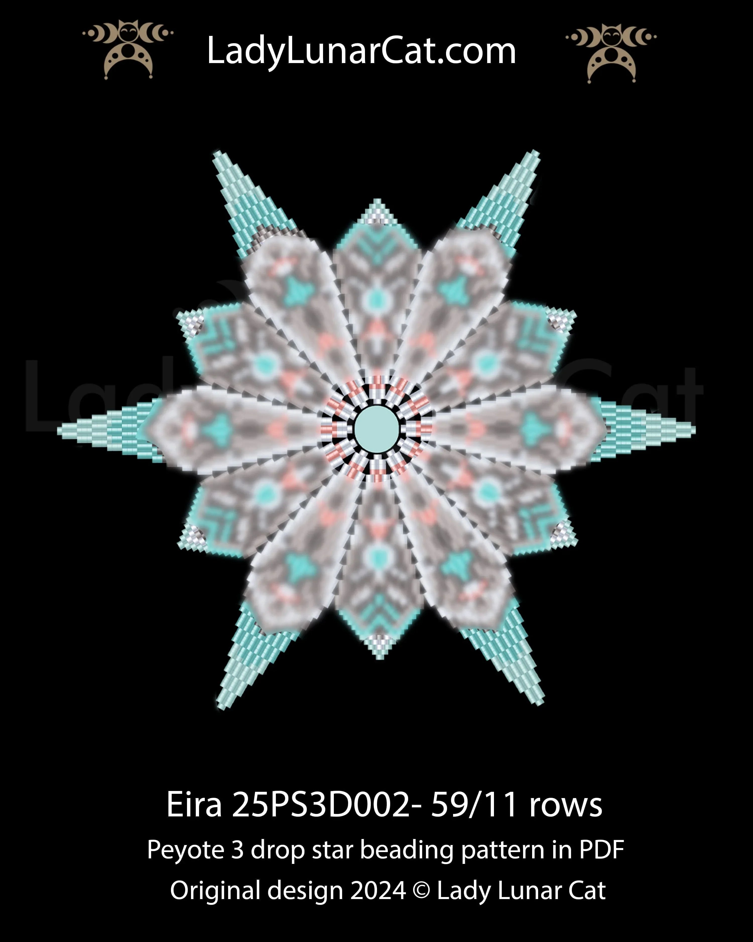 Eira cat beaded star pattern - peyote 3 drop smoky grey cat turquoise eyes beginner PDF LadyLunarCat