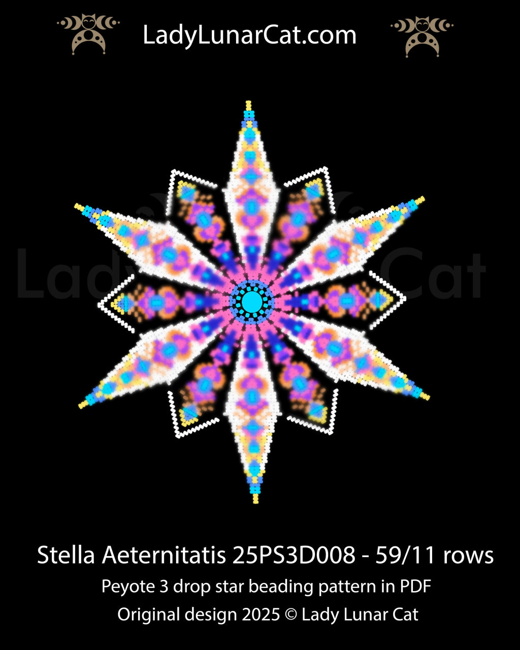 Abstract mandala star beading pattern – Stella Aeternitatis peyote 3 drop tutorial (Beginner-Friendly PDF) LadyLunarCat