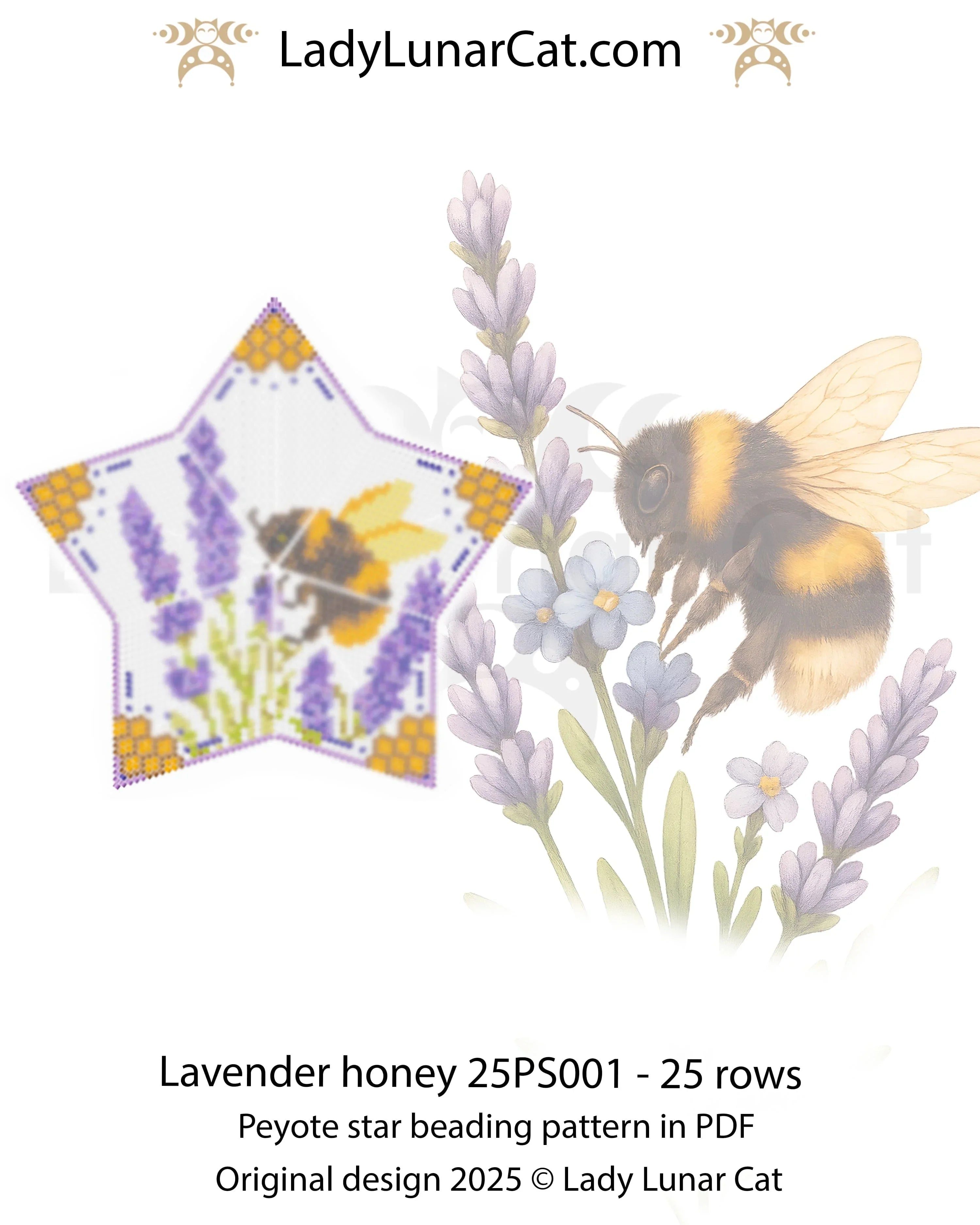 Bumblebee beaded star ornament - Lavender Honey advanced peyote pattern instant download LadyLunarCatLadyLunarCat