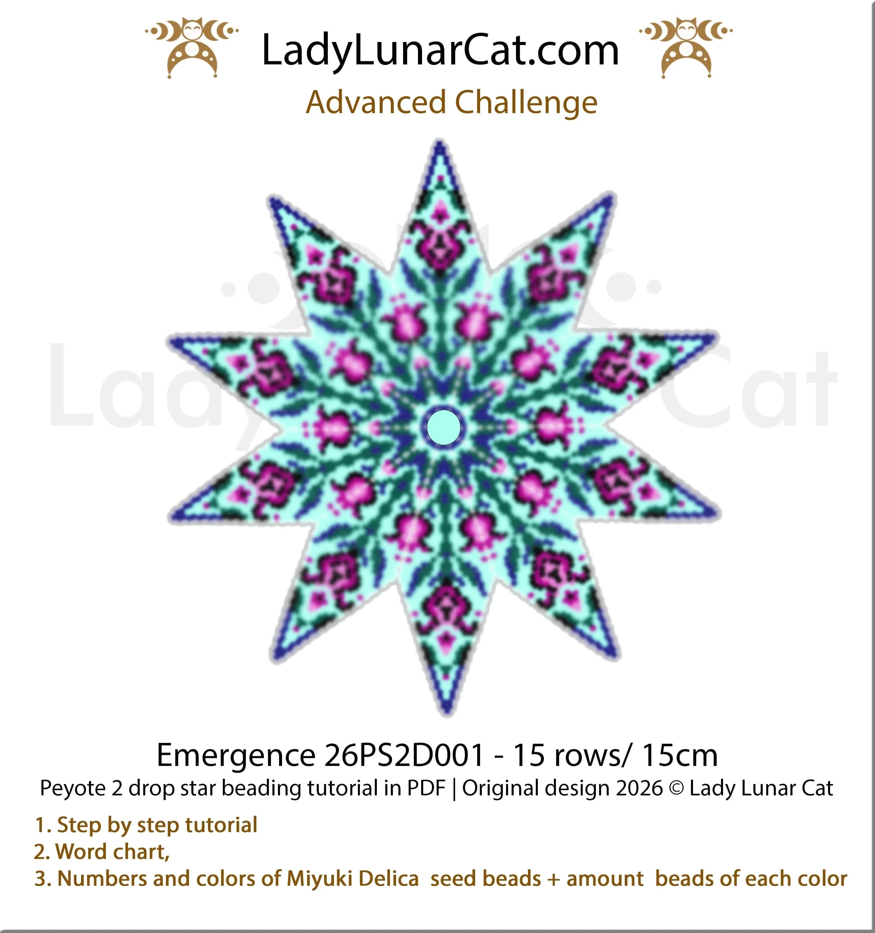 Emergence peyote star beading pattern color palette - Advanced PDF tutorial LadyLunarCat