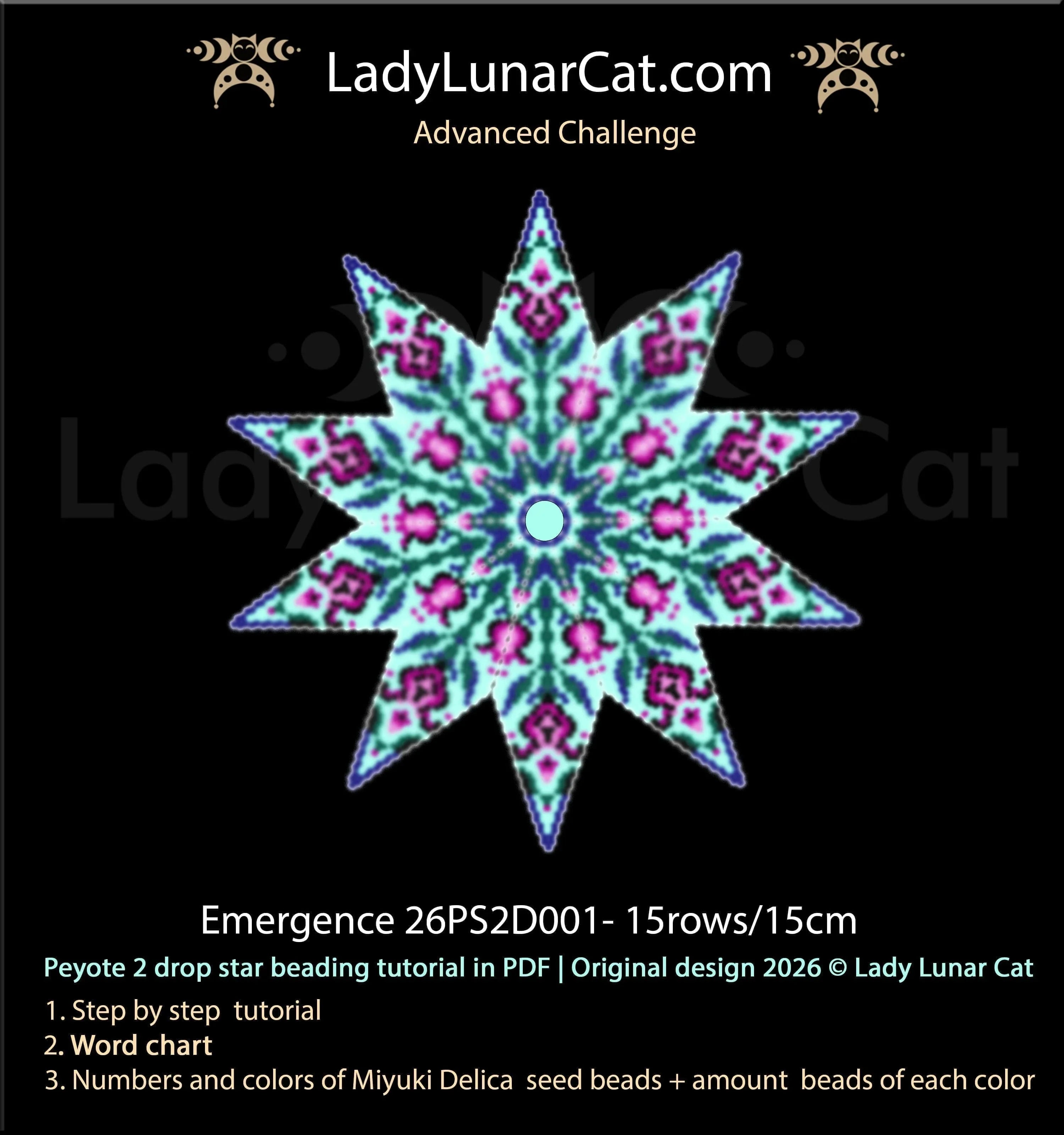 Emergence Floral Peyote 2 Drop Star beading pattern - Advanced Challenge PDF tutorial LadyLunarCat