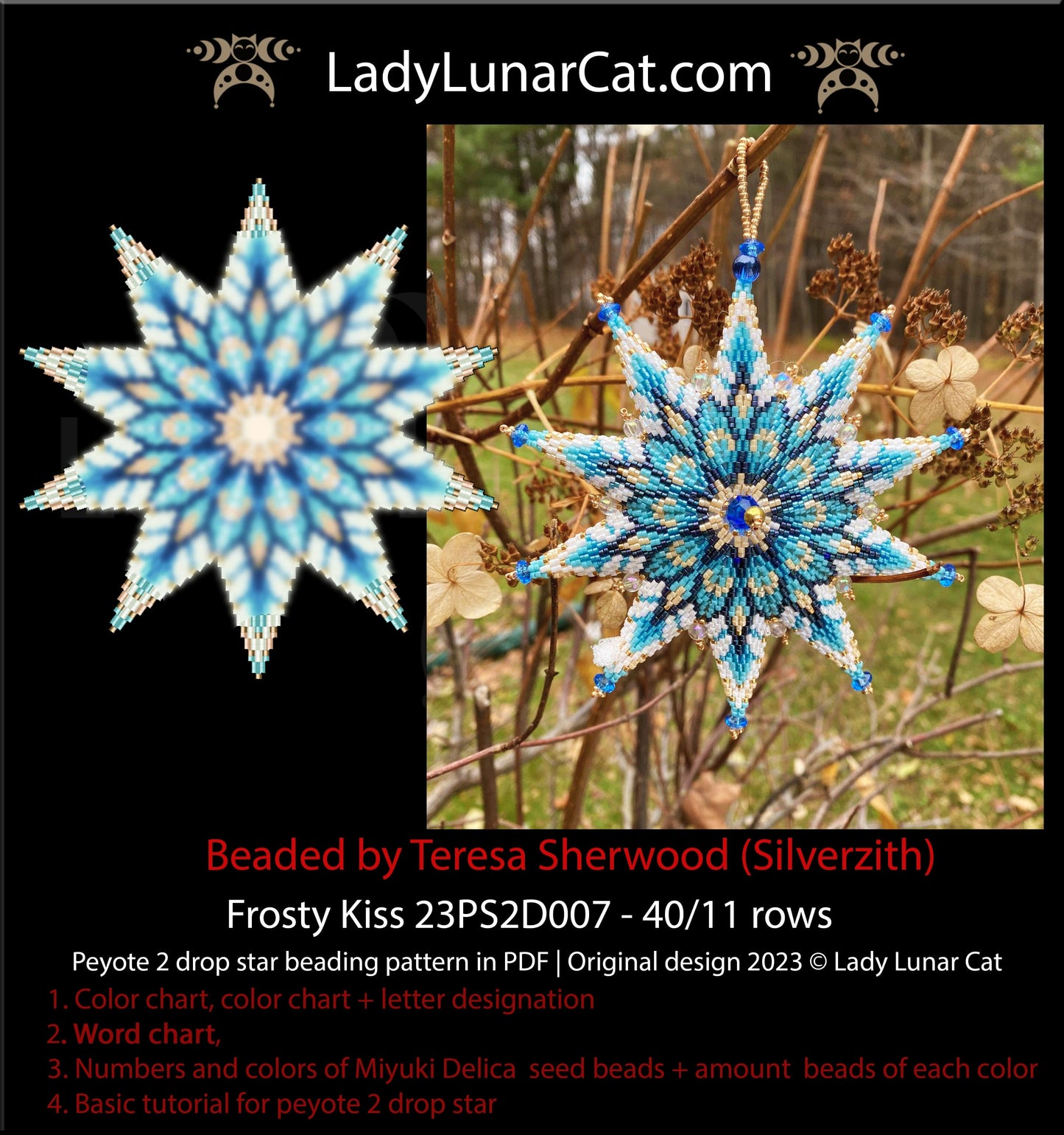 Peyote 2 drop star pattern for beading - Frosty Kiss 23PS2D007 11 rows + Basic star 2 drop LadyLunarCat