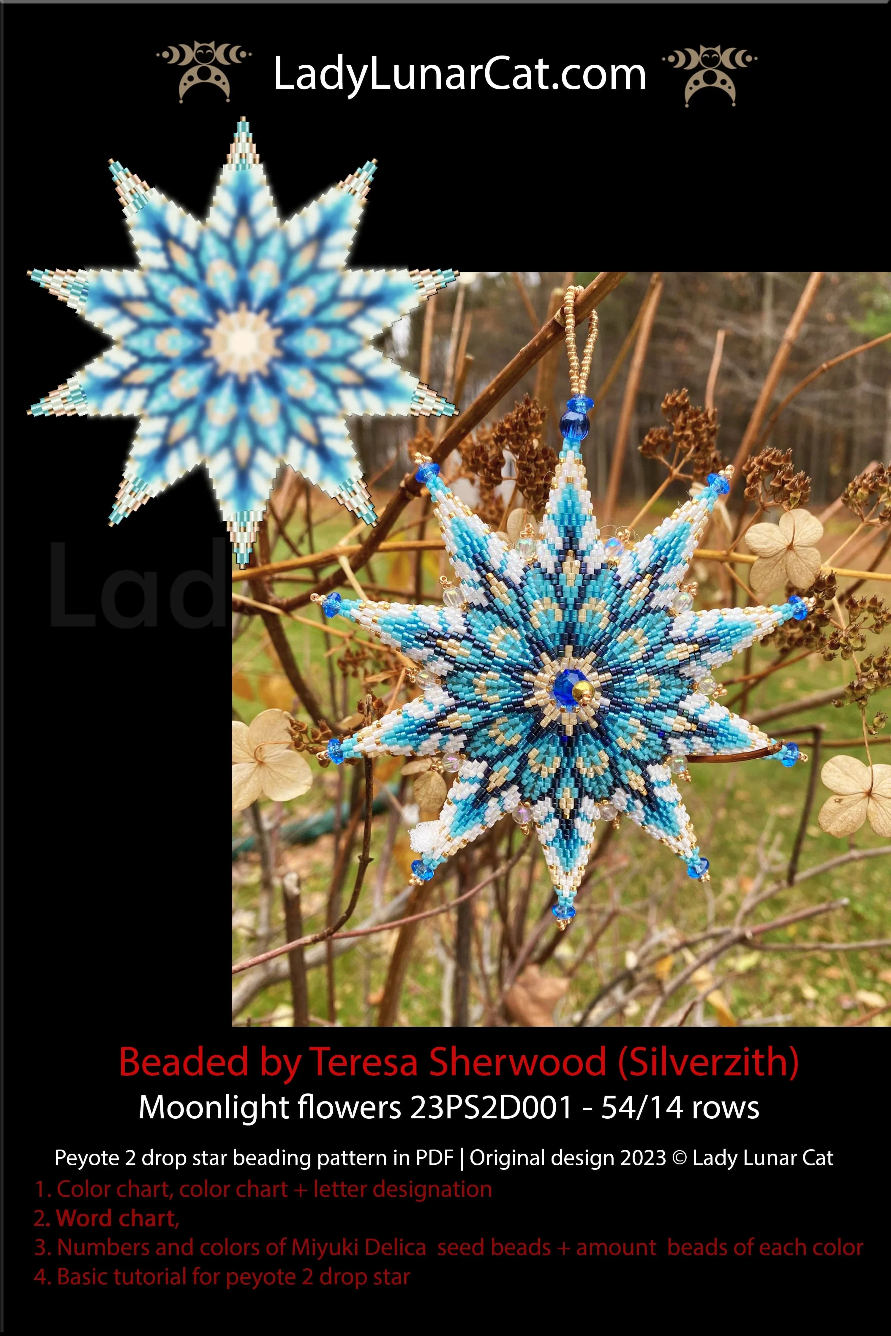 Beaded star pattern Frosty Kiss - basic peyote 2 drop tutorial included LadyLunarCat