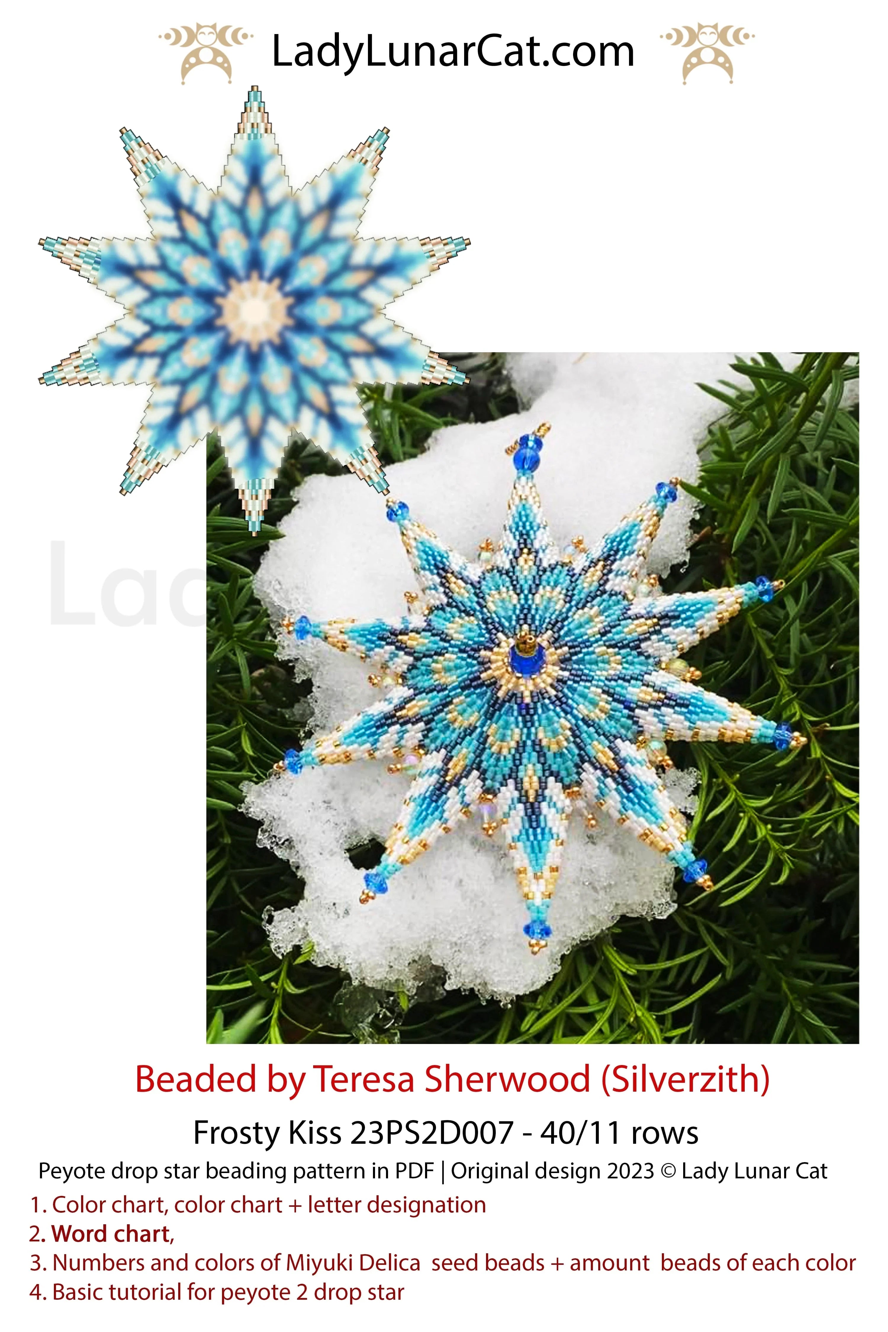 Frosty Kiss seed bead star pattern - 2 sizes winter ornament PDF download LadyLunarCat