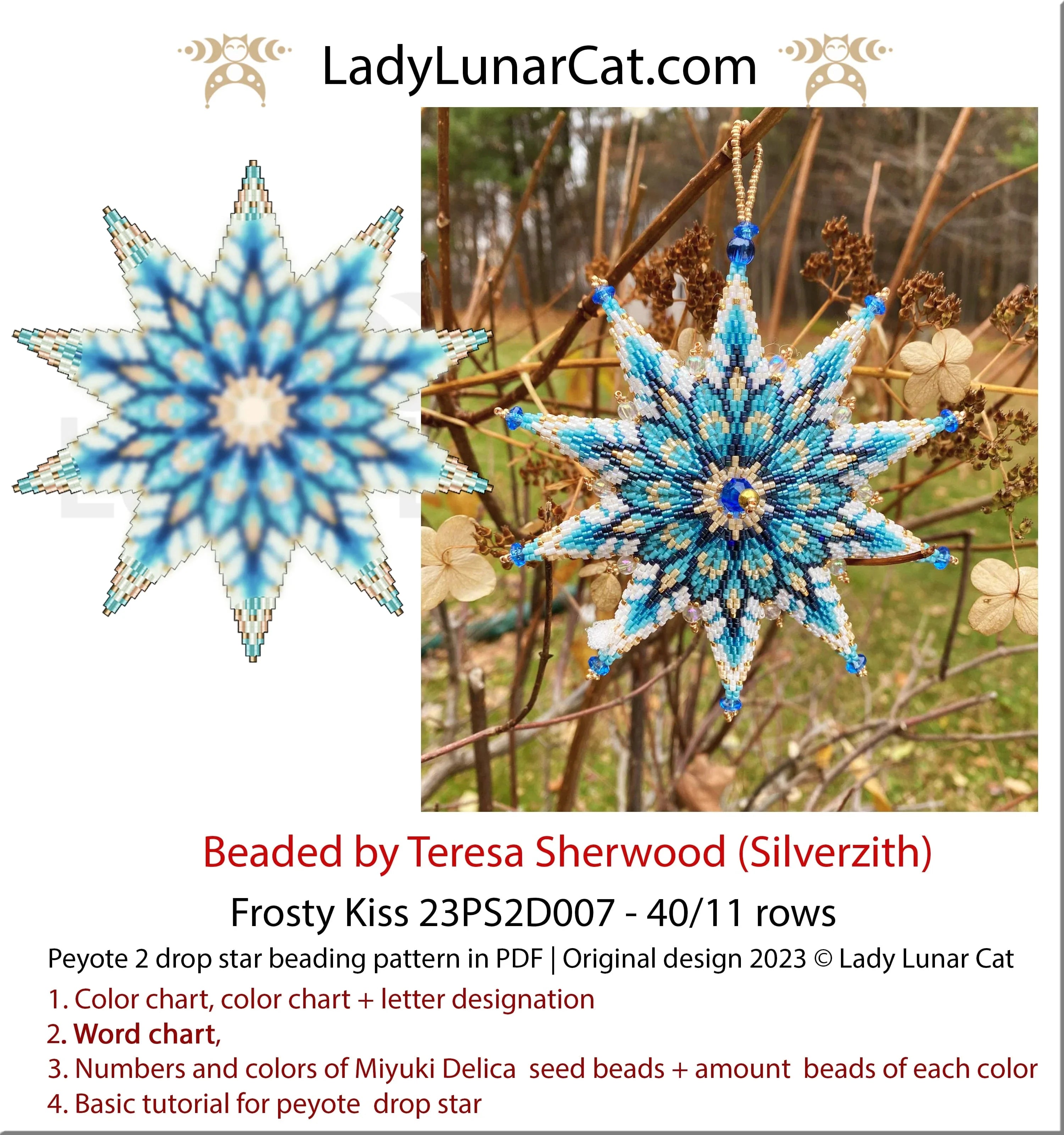 Frosty Kiss beaded christmas ornament pattern - peyote star instant download LadyLunarCat
