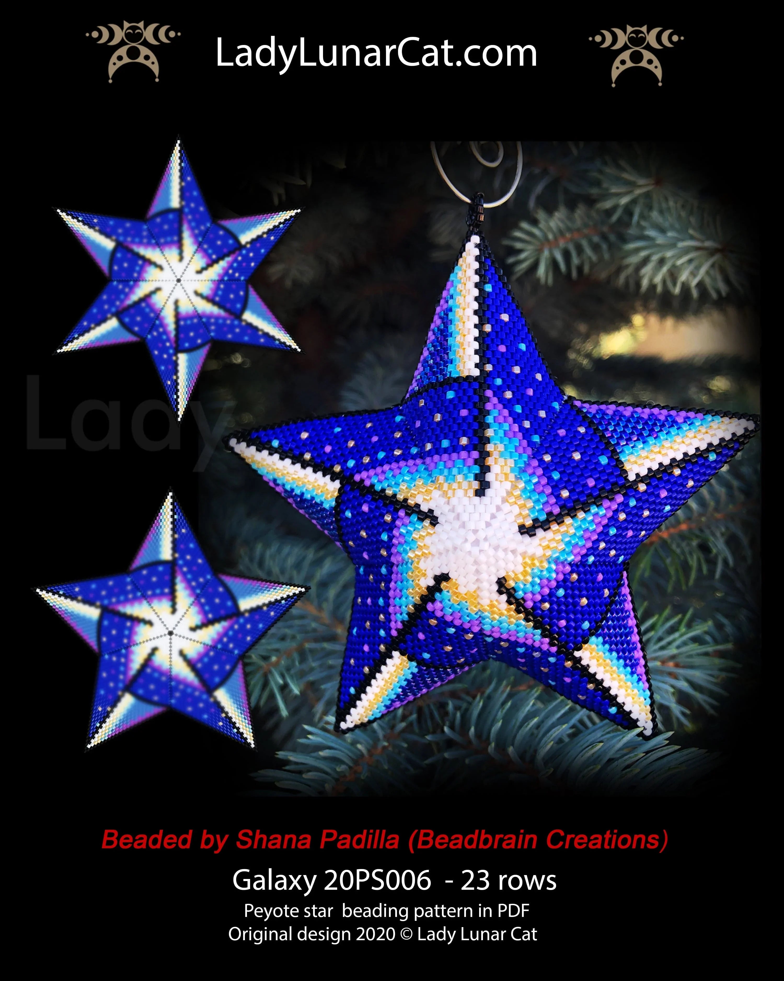 Galaxy peyote star beaded by Shana Padilla Beadbrain Creations - finished example LadyLunarCat