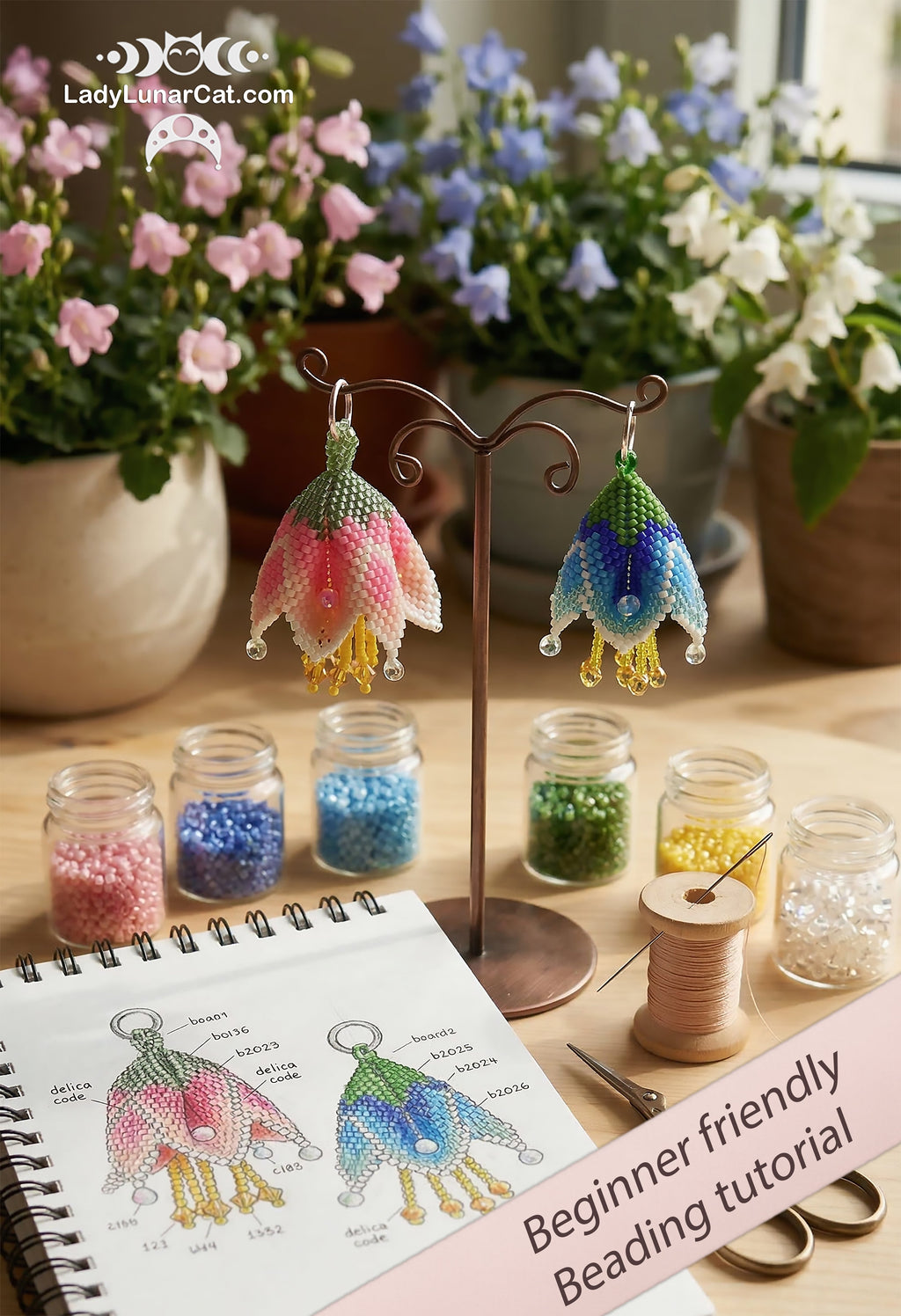 Beading tutorial for 3d peyote pod Bell flowers 19PT003 LadyLunarCat