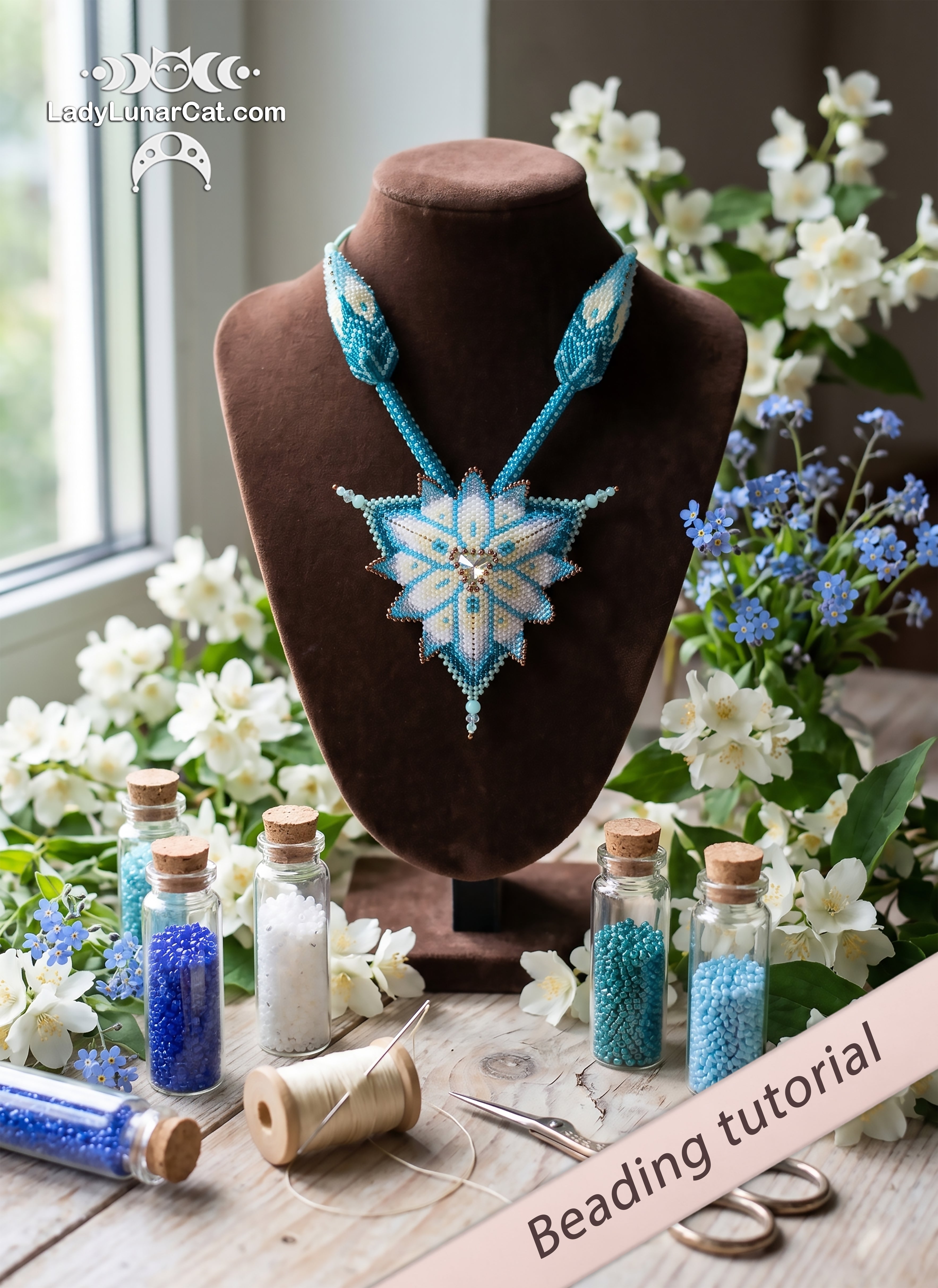 Blue Lotus seed bead necklace tutorial PDF — beginner-friendly beading pattern, 16×8.5 cm pendant