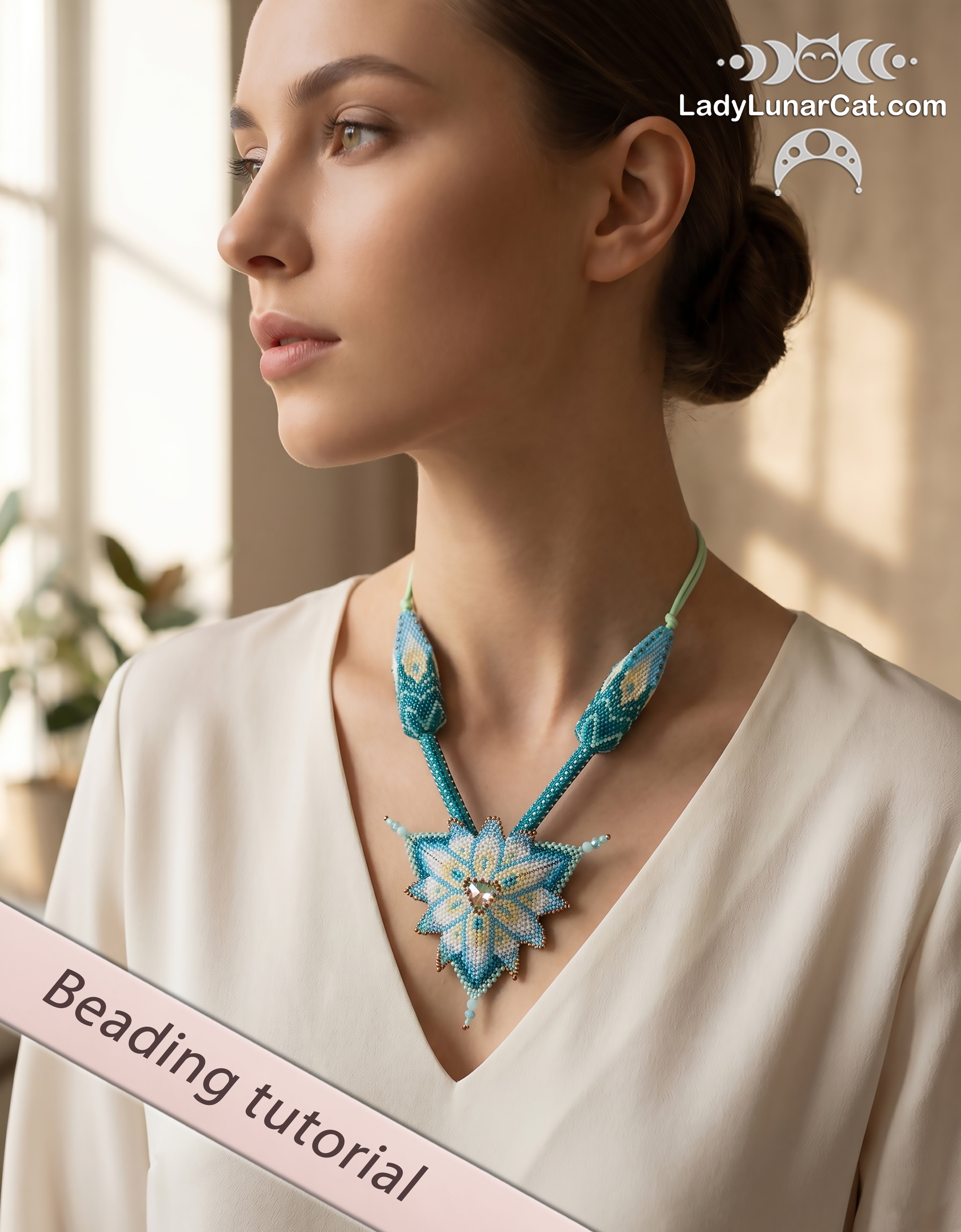 Blue Lotus beaded necklace pendant — peyote and herringbone stitch pattern, Miyuki Delica 11/0, 7 colors