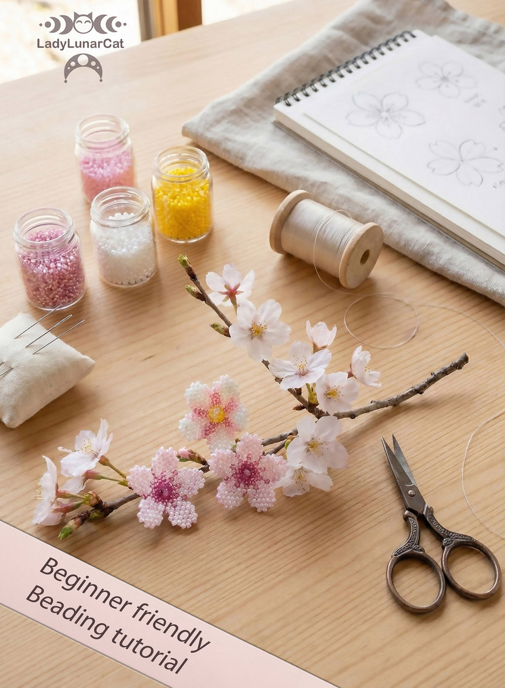 Beading tutorial Sakura flowers 23T002 Step by step instruction LadyLunarCat