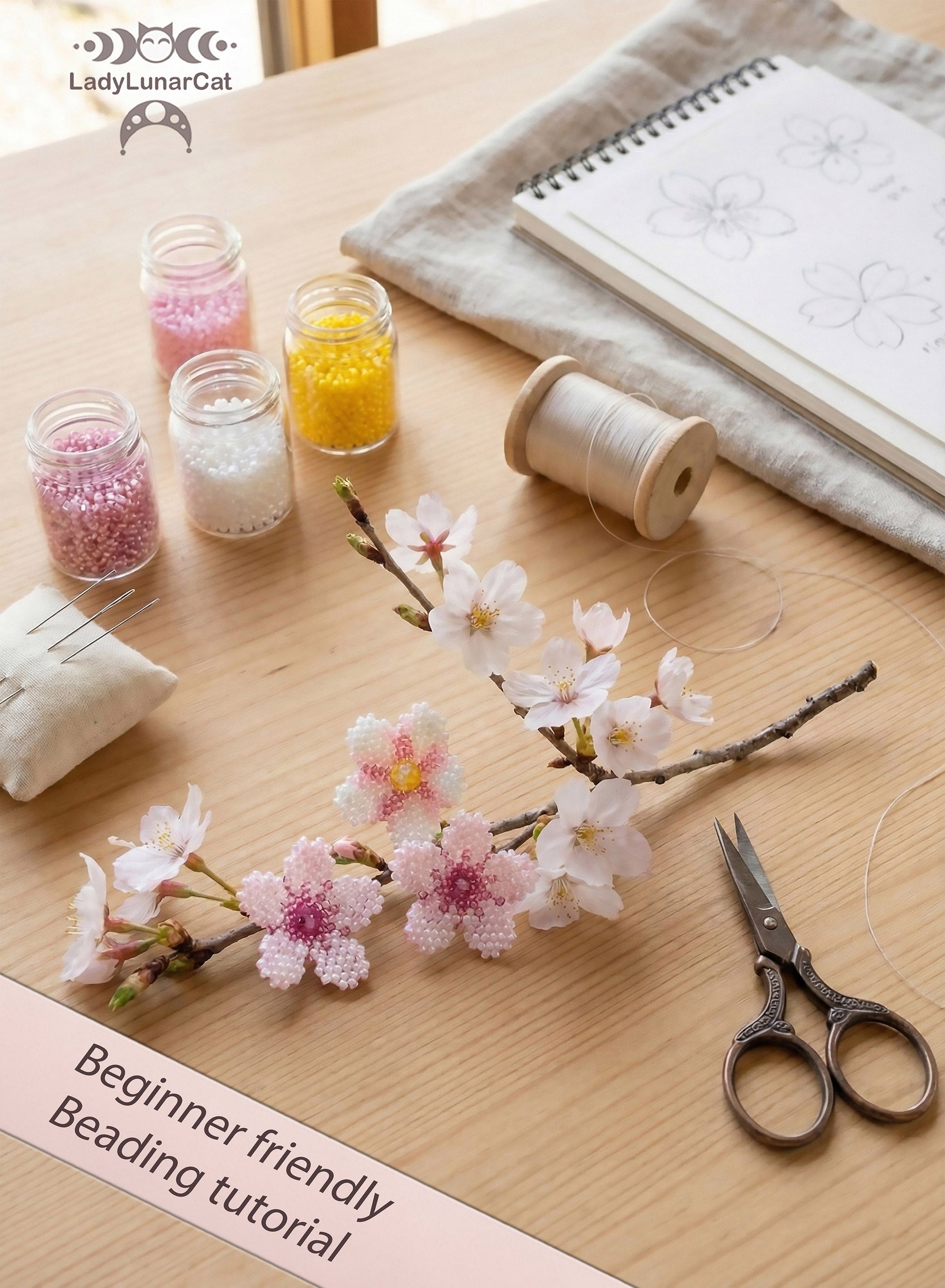 Beading tutorial Sakura flowers 23T002 Step by step instruction LadyLunarCat