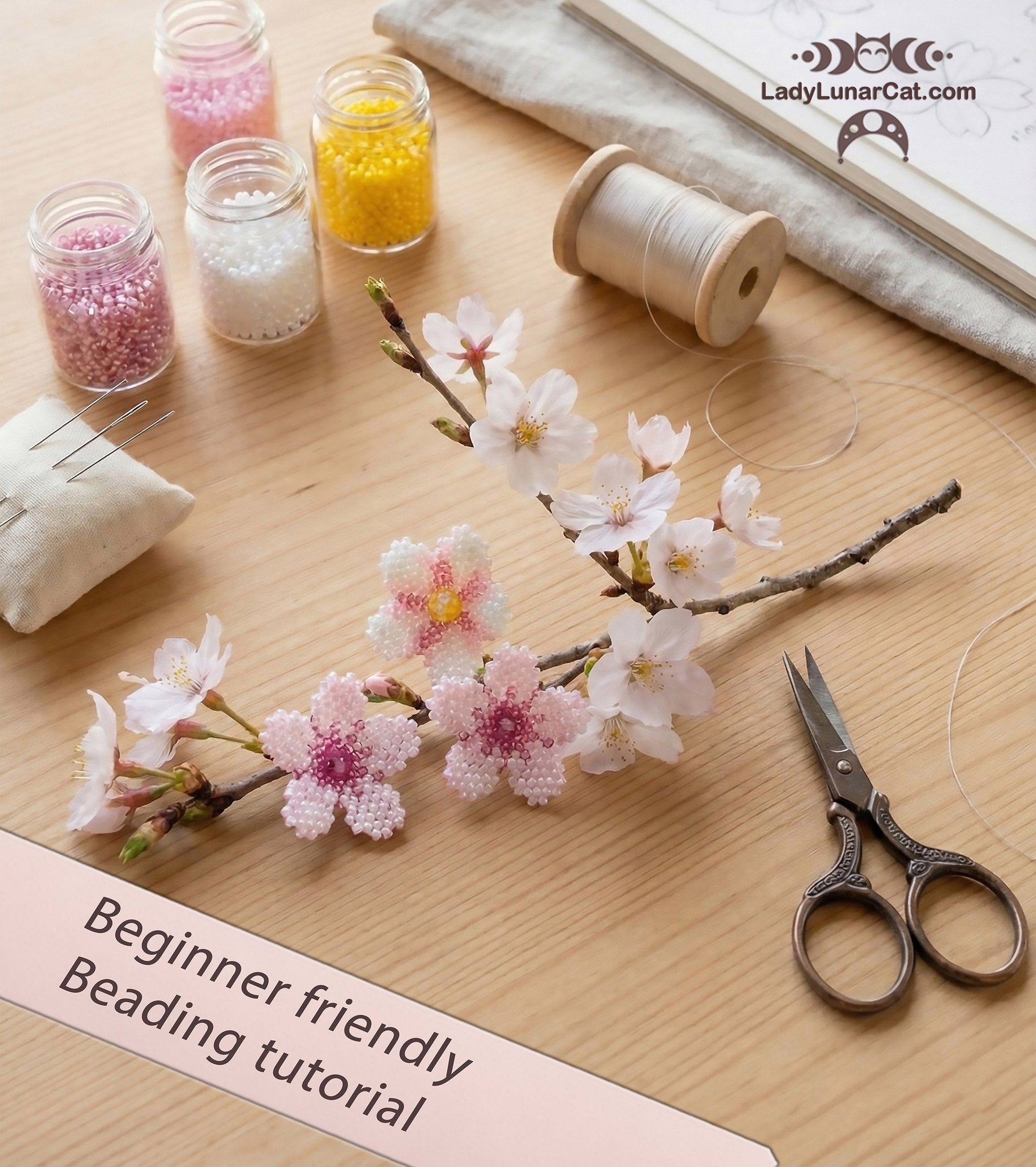 Beading tutorial Sakura flowers 23T002 Step by step instruction LadyLunarCat