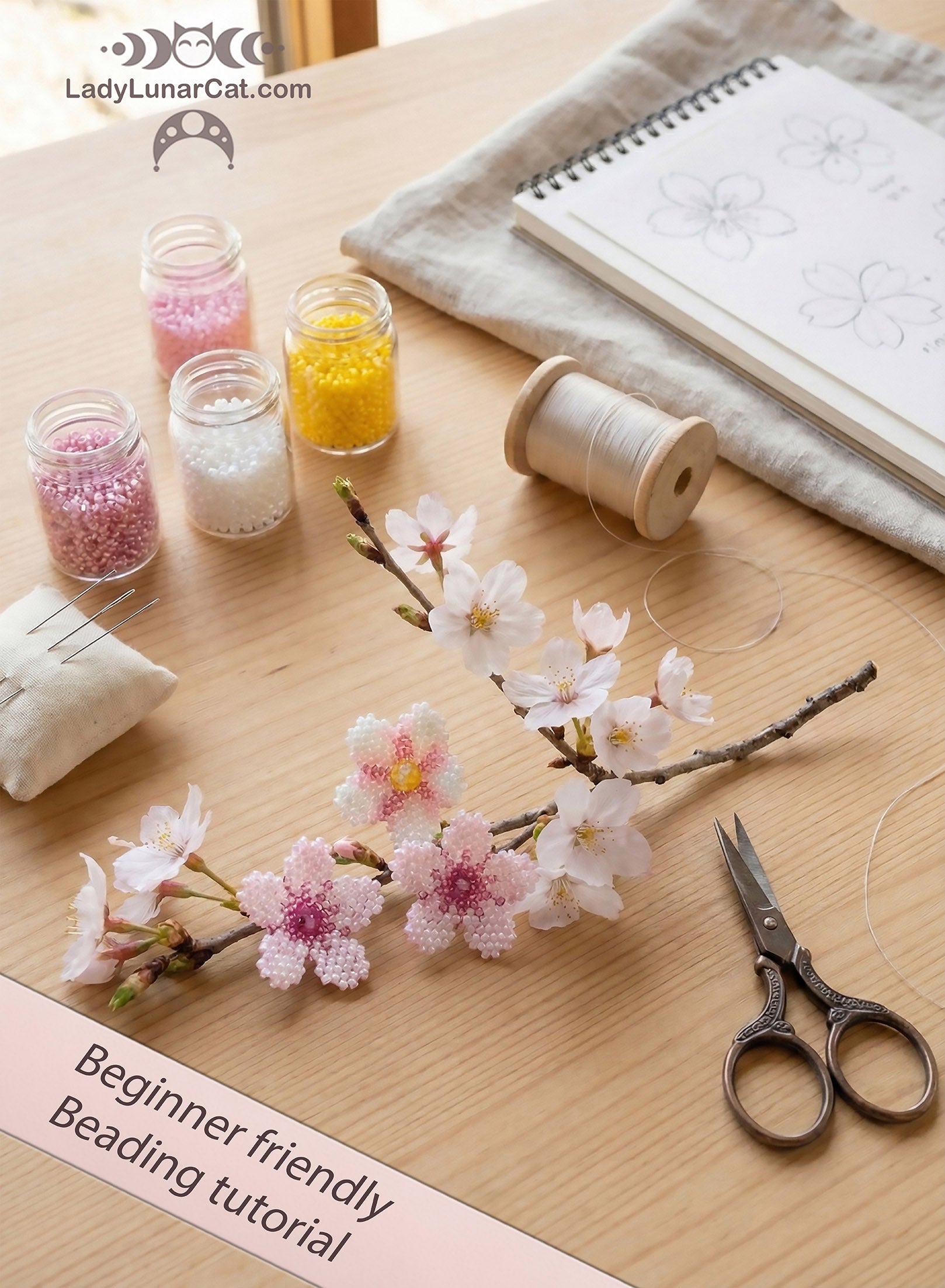 Beading tutorial Sakura flowers 23T002 Step by step instruction LadyLunarCat