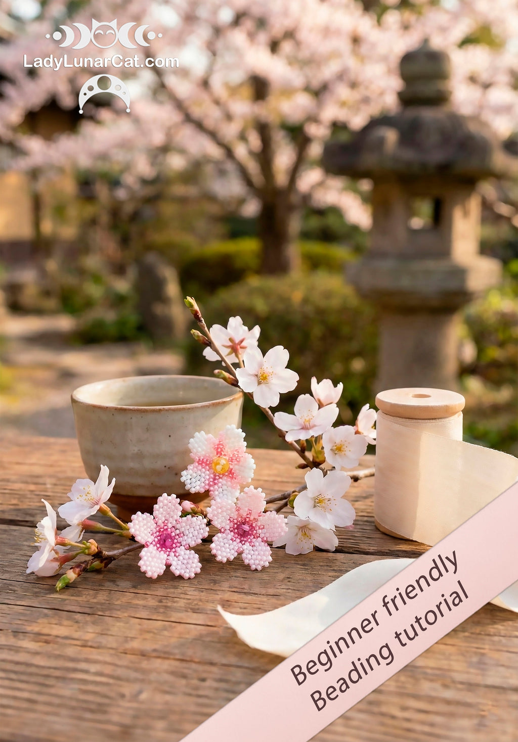 Beading tutorial Sakura flowers 23T002 Step by step instruction LadyLunarCat