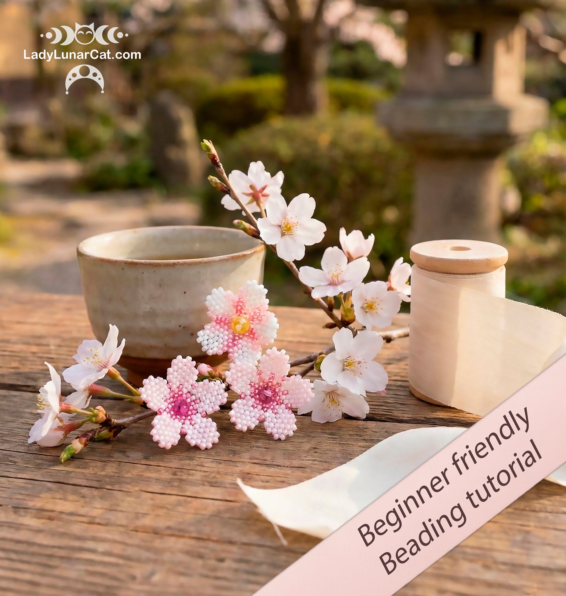 Beading tutorial Sakura flowers 23T002 Step by step instruction LadyLunarCat