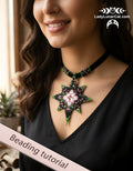 Beaded peyote star necklace pendant Spring Dreams with floral rose motif, Lady Lunar Cat