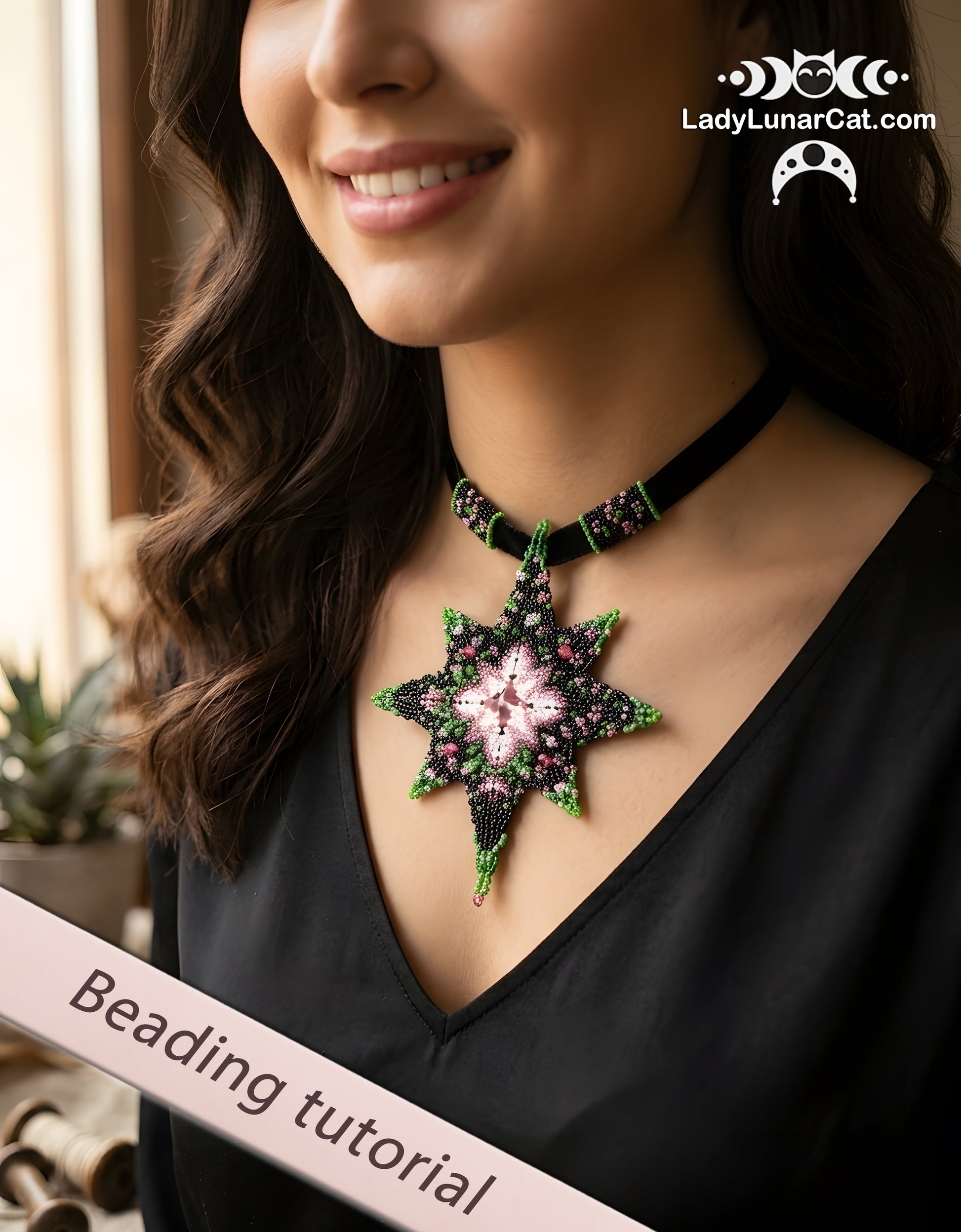 Beaded peyote star necklace pendant Spring Dreams with floral rose motif, Lady Lunar Cat