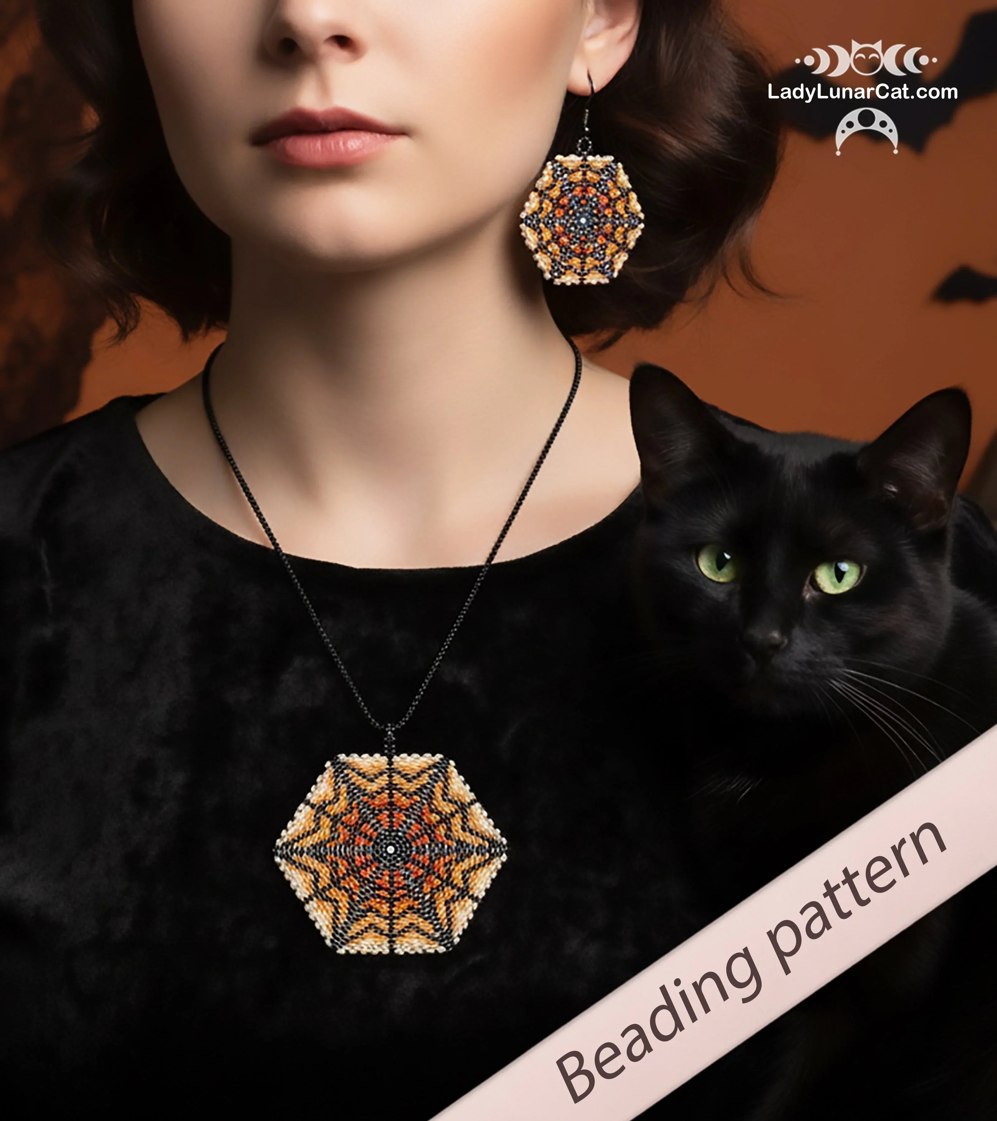 Spiderweb peyote hexagon pattern PDF by Lady Lunar Cat — 2 sizes Halloween 22PH006