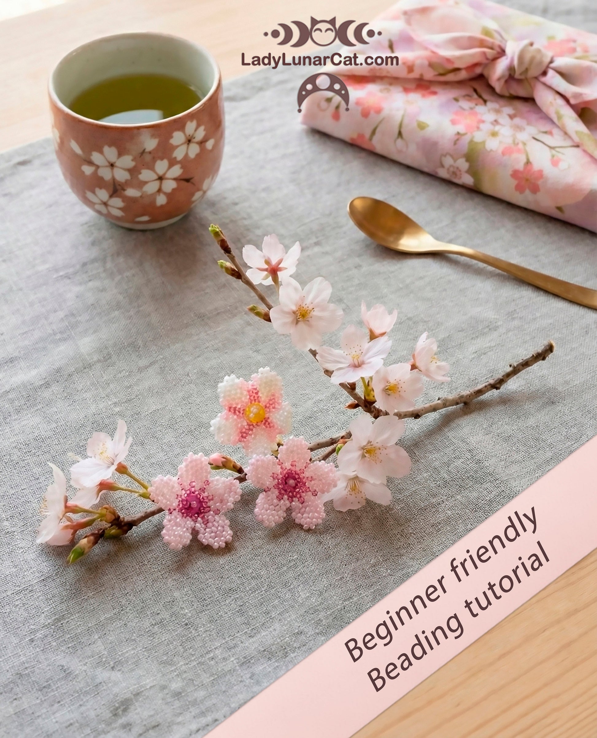 Beading tutorial Sakura flowers 23T002 Step by step instruction LadyLunarCat