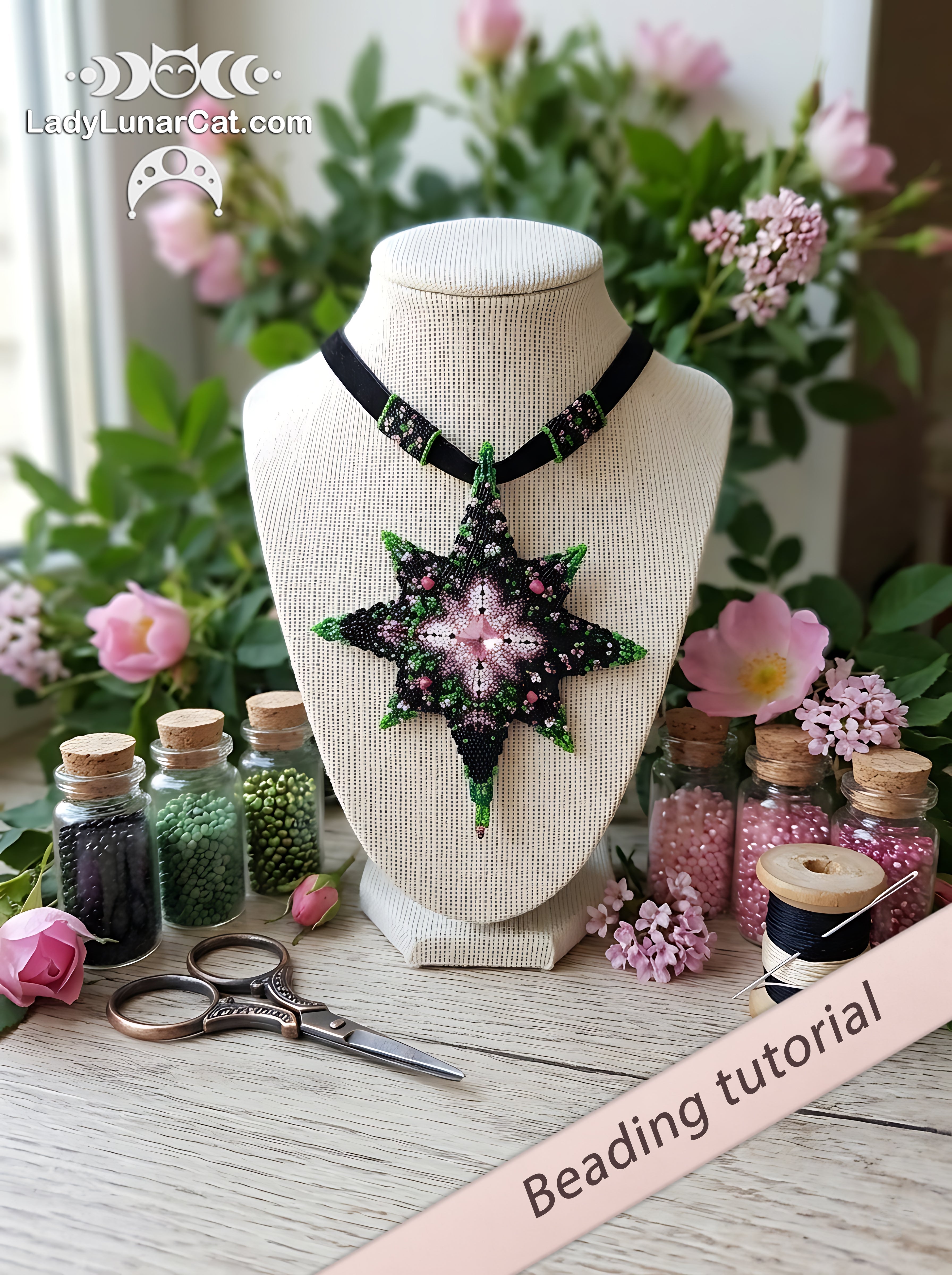 Spring Dreams 3D peyote beaded star with roses and spring flowers, 13 cm, Miyuki Delica 11/0