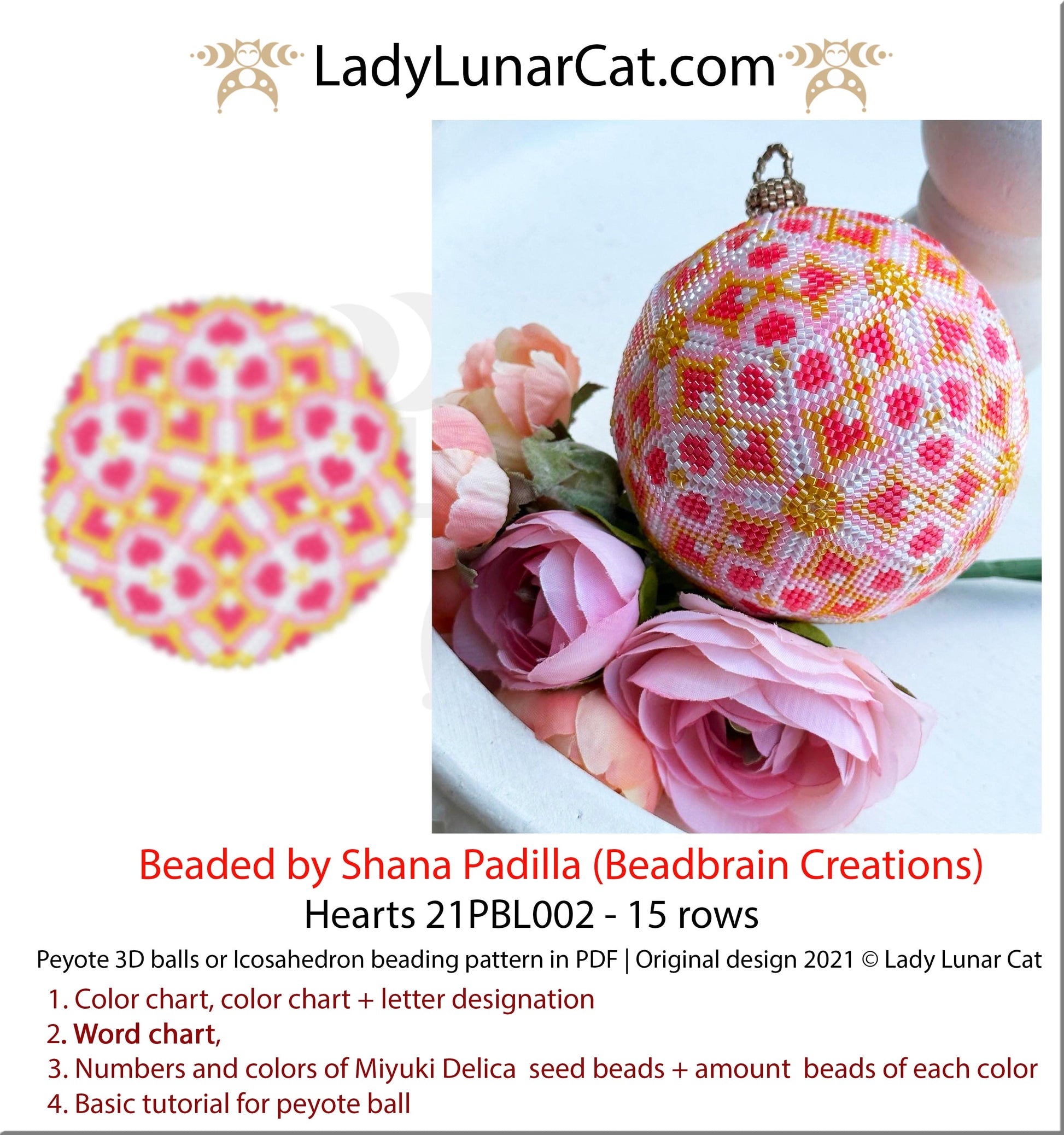 Peyote 3d ball pattern for beading | Beaded Icosahedron Hearts 21PBL002 15 rows LadyLunarCat