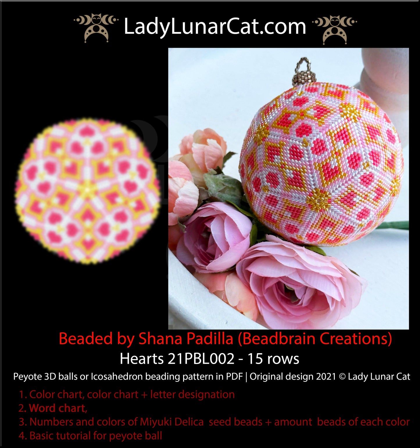 Peyote 3d ball pattern for beading | Beaded Icosahedron Hearts 21PBL002 15 rows LadyLunarCat