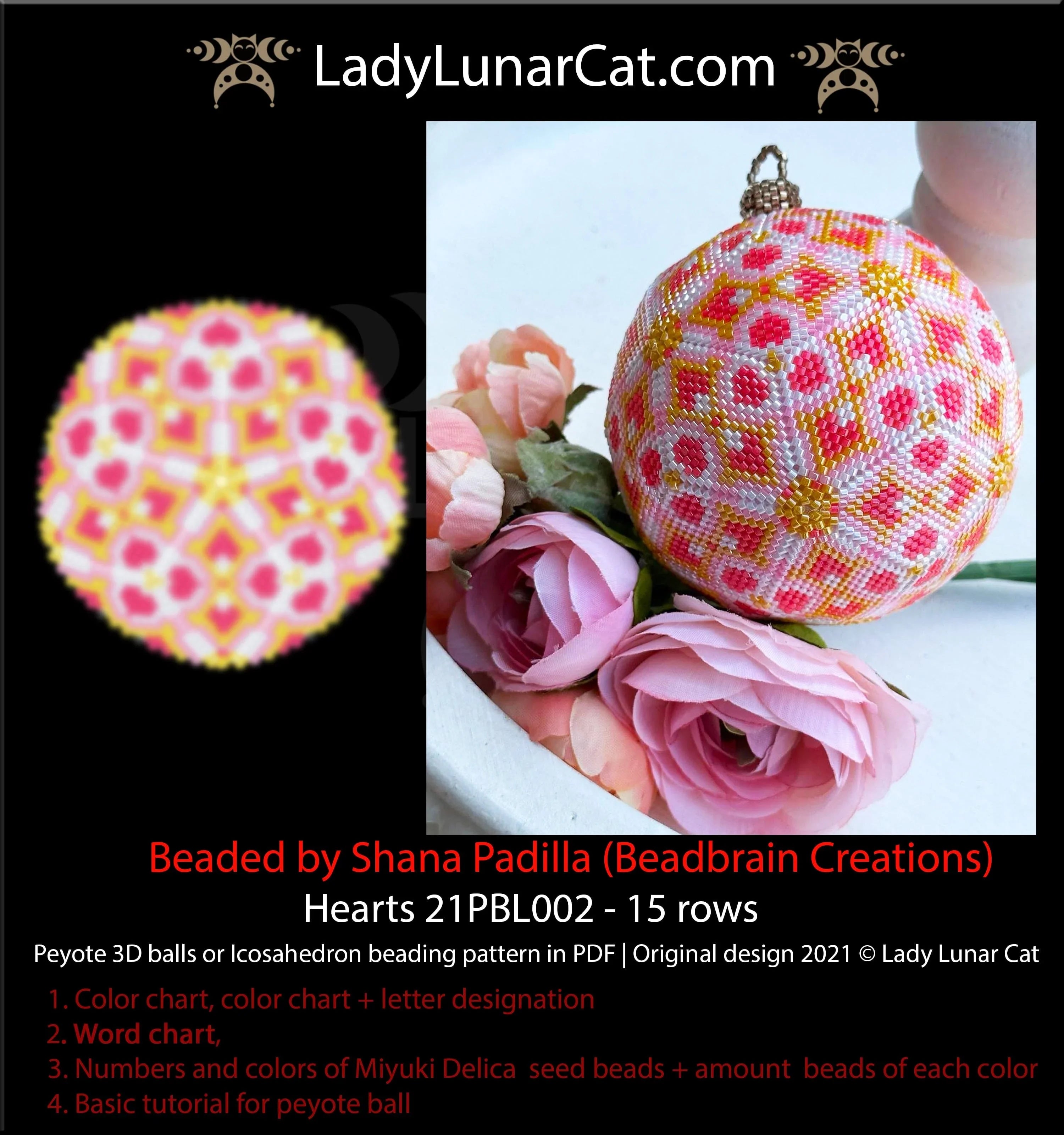 3D peyote ball hearts — Valentine's Day love gift icosahedron instant download LadyLunarCat