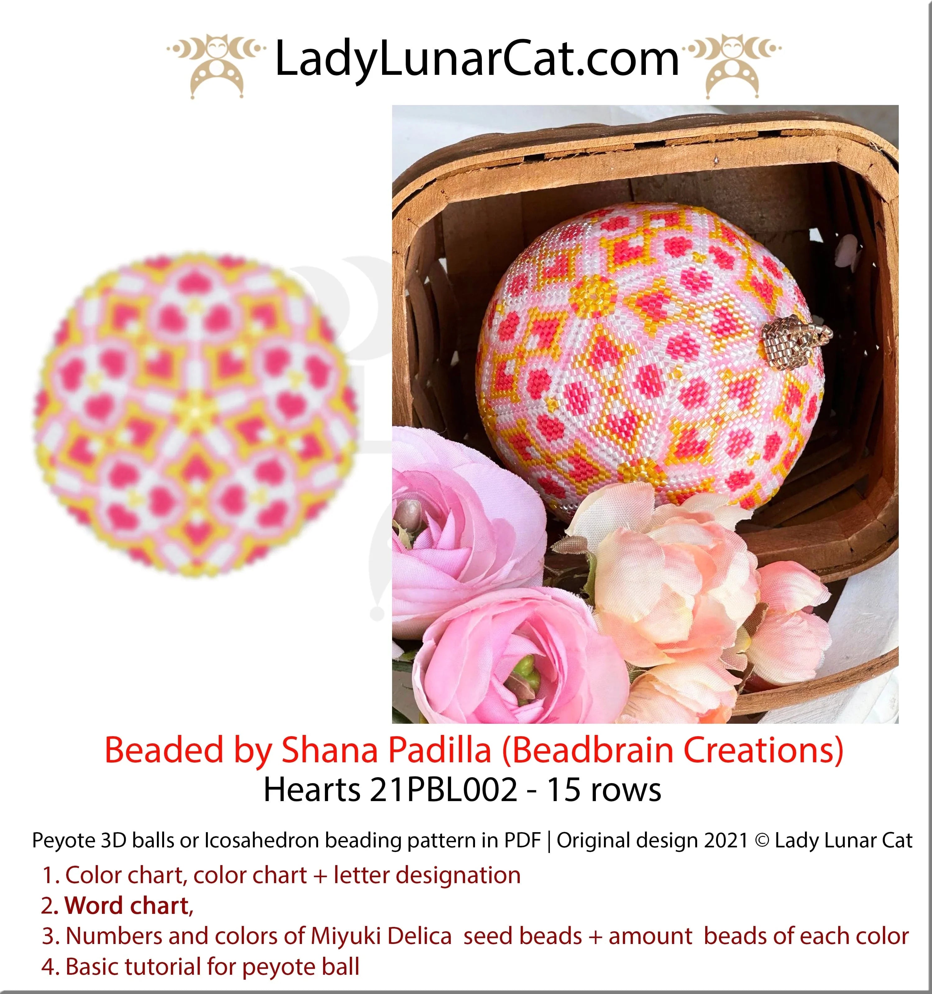 Hearts peyote 3D ball pattern by Lady Lunar Cat — Valentine's Day icosahedron beading PDF 21PBL002