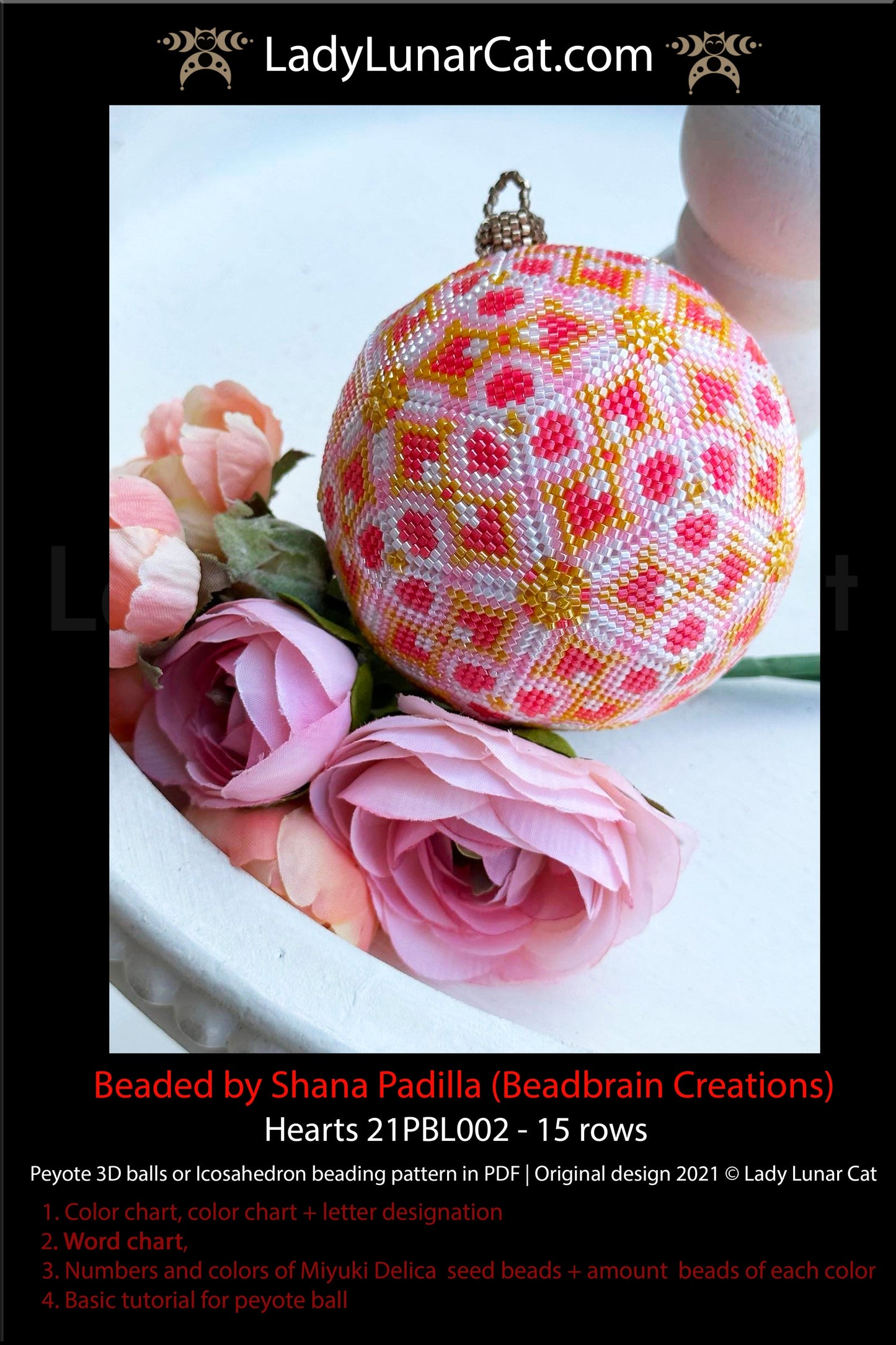 Peyote 3d ball pattern for beading | Beaded Icosahedron Hearts 21PBL002 15 rows LadyLunarCat