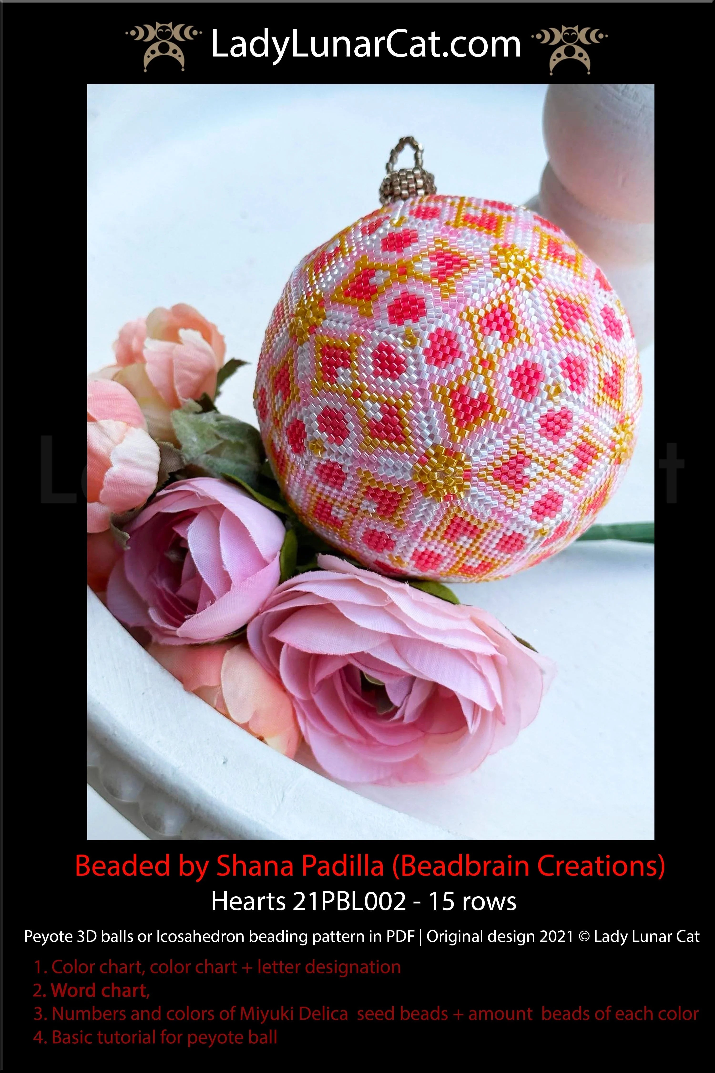 Beaded hearts icosahedron ball — Ermelinda collection Valentine's Day peyote beading LadyLunarCat