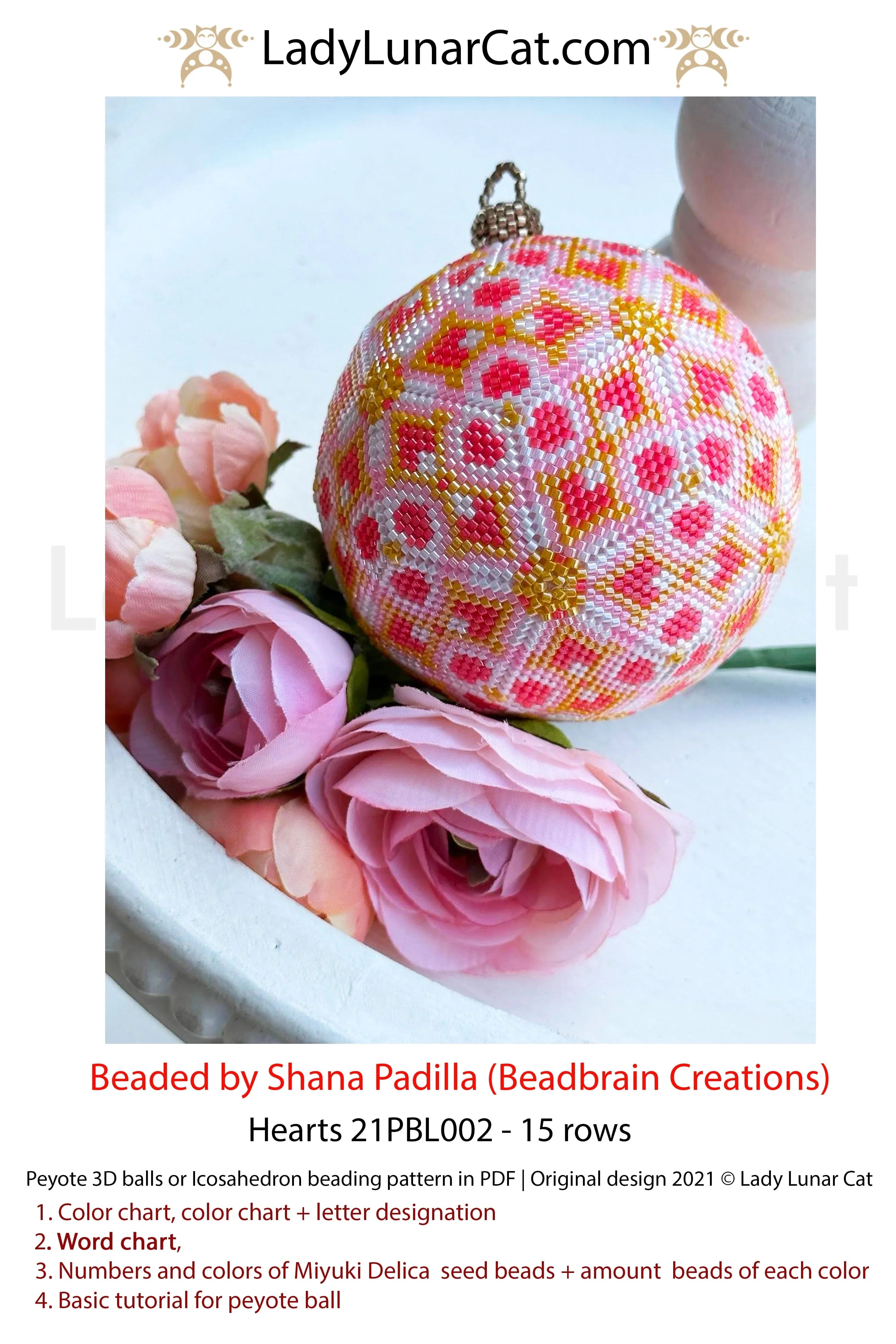 Hearts peyote ball pattern preview — Valentine's Day love ornament beading LadyLunarCat
