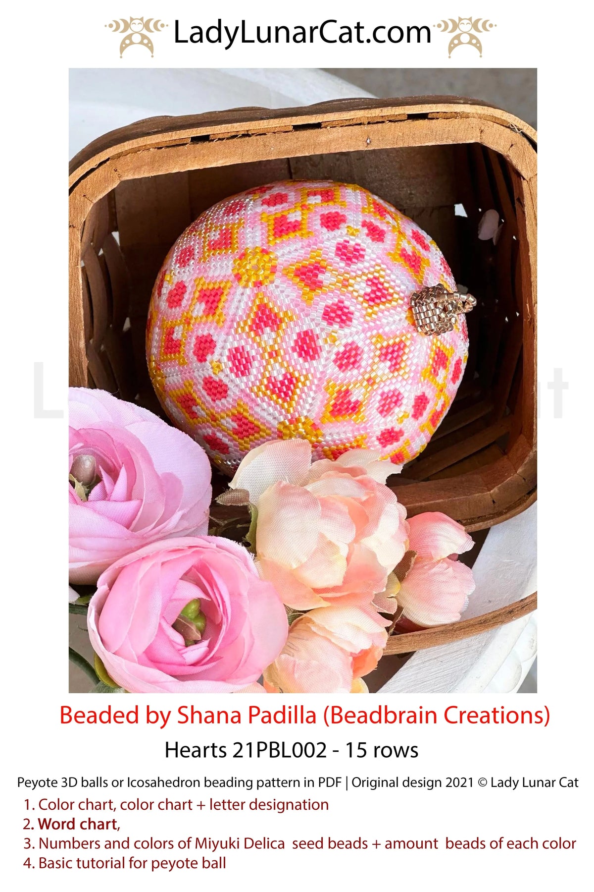 Lady Lunar Cat hearts peyote 3D ball — Valentine's Day icosahedron love beading PDF 21PBL002