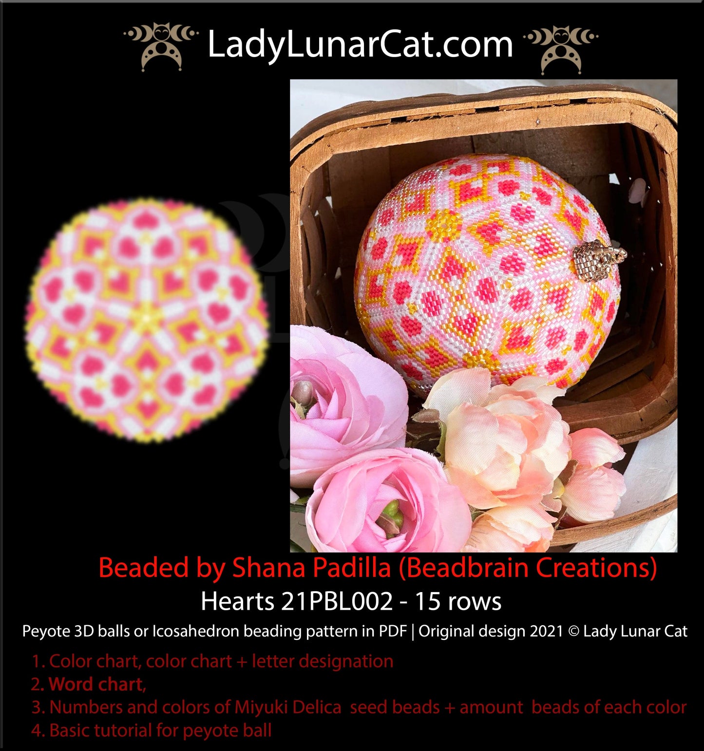 Peyote 3d ball pattern for beading | Beaded Icosahedron Hearts 21PBL002 15 rows LadyLunarCat