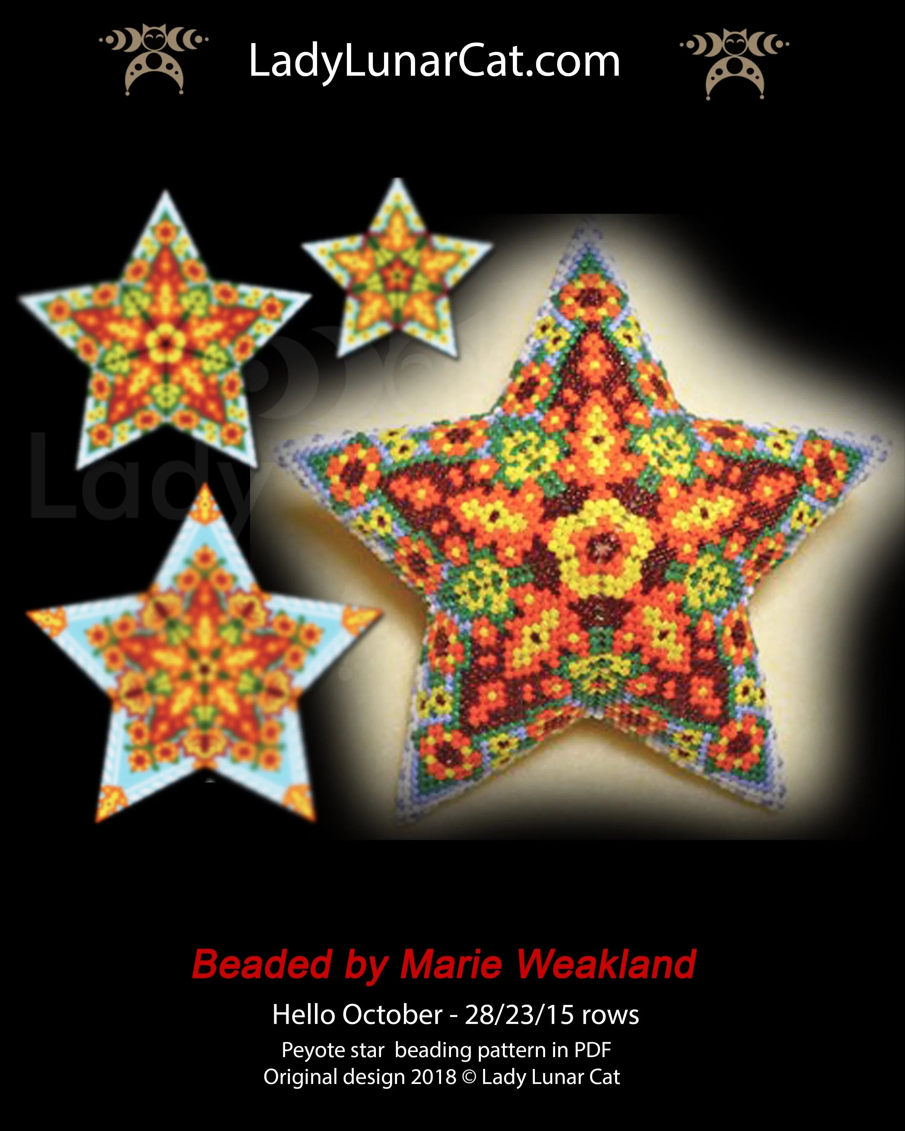 Lady Lunar Cat Hello October peyote star — 3 sizes autumn beading PDF