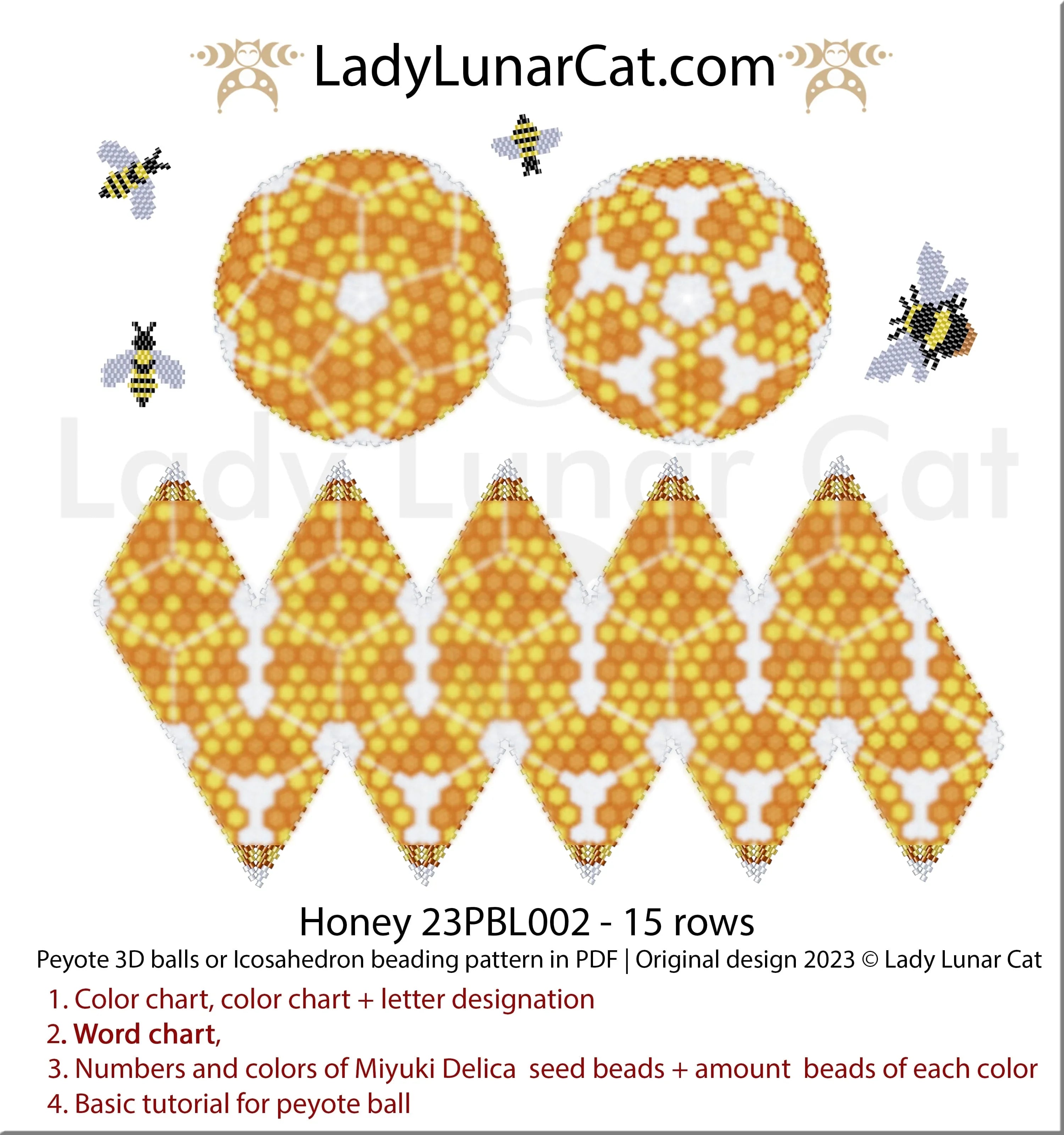 Honey peyote 3D ball pattern - icosahedron 15 rows honeycomb bees 7 colors PDF LadyLunarCat