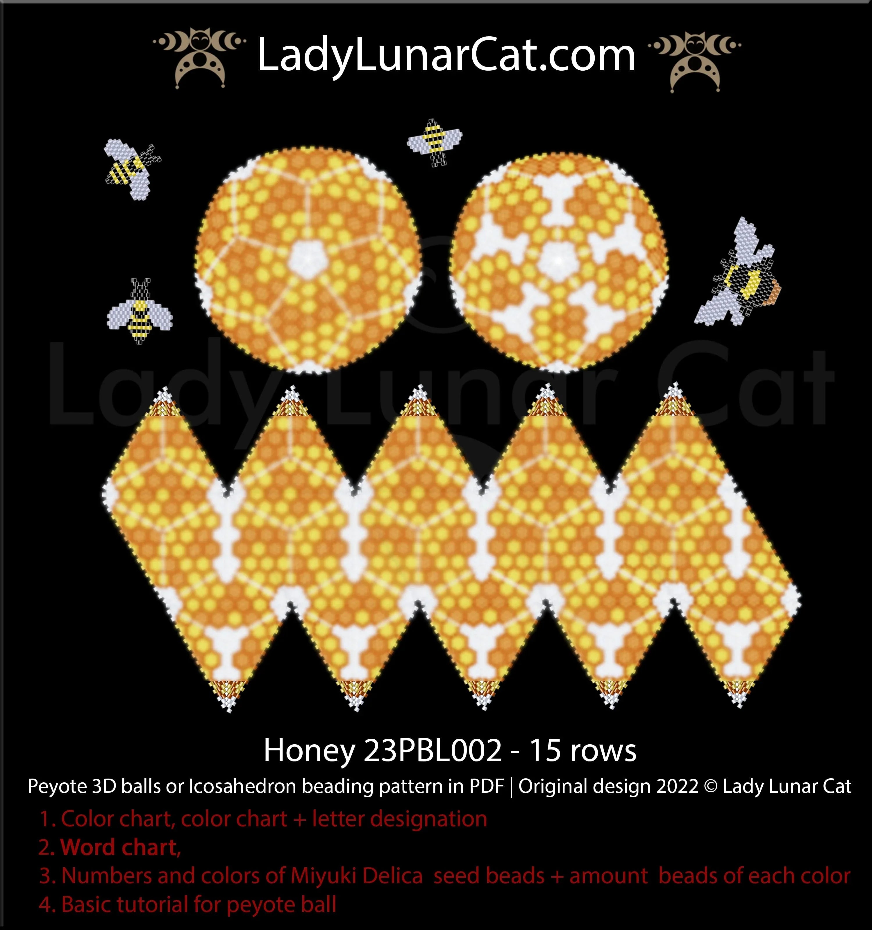 Honey beaded ball full view - honeycomb peyote icosahedron golden tones LadyLunarCat
