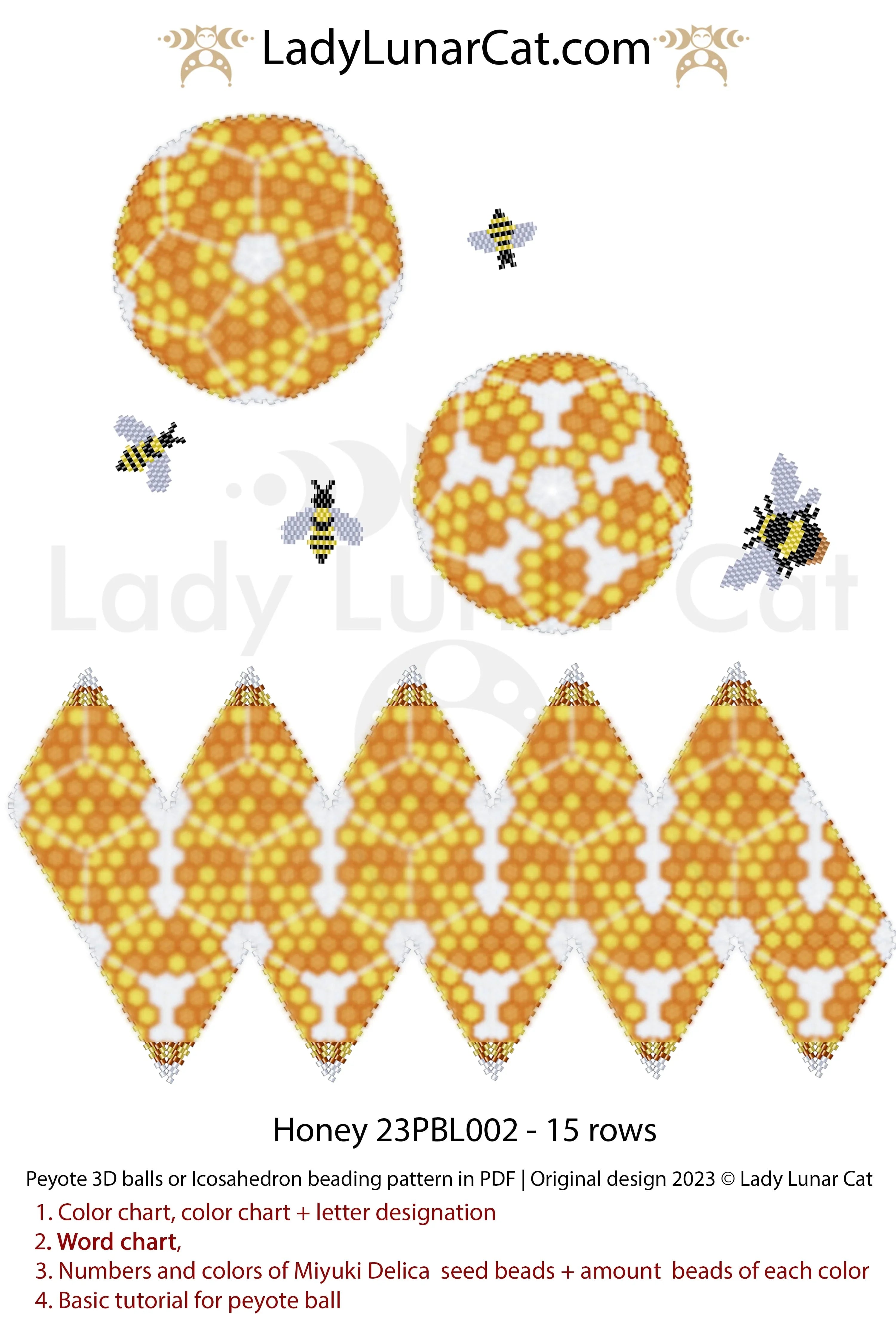 Honey beaded icosahedron detail - Miyuki Delica 11/0 honeycomb pattern PDF LadyLunarCat