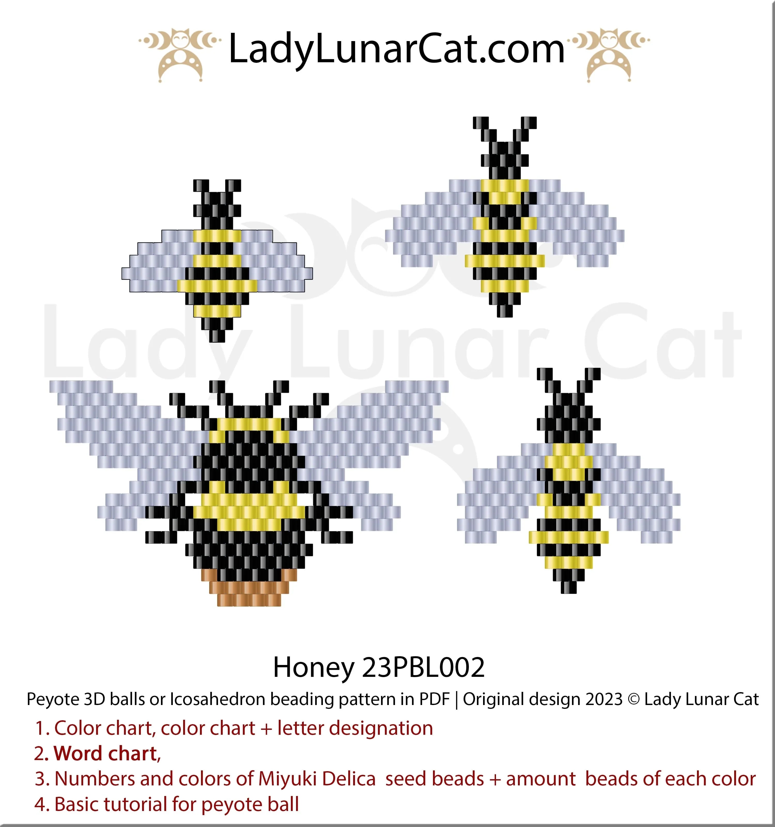 Honey beaded ball with brick stitch bees - complete honey set 5 files LadyLunarCat