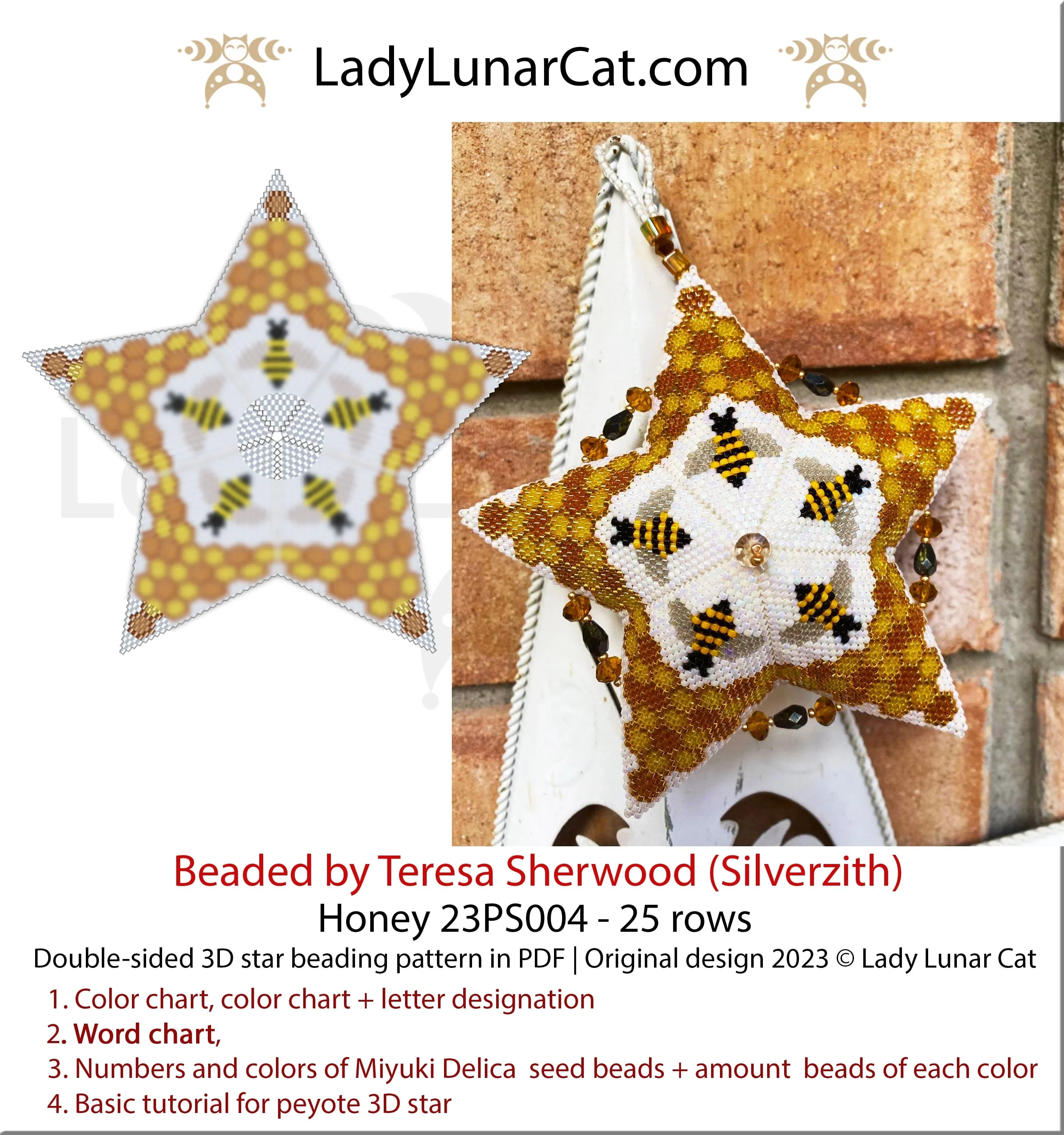 Honey peyote star pattern - bee design 49 beads 25 rows 7 colors PDF LadyLunarCat