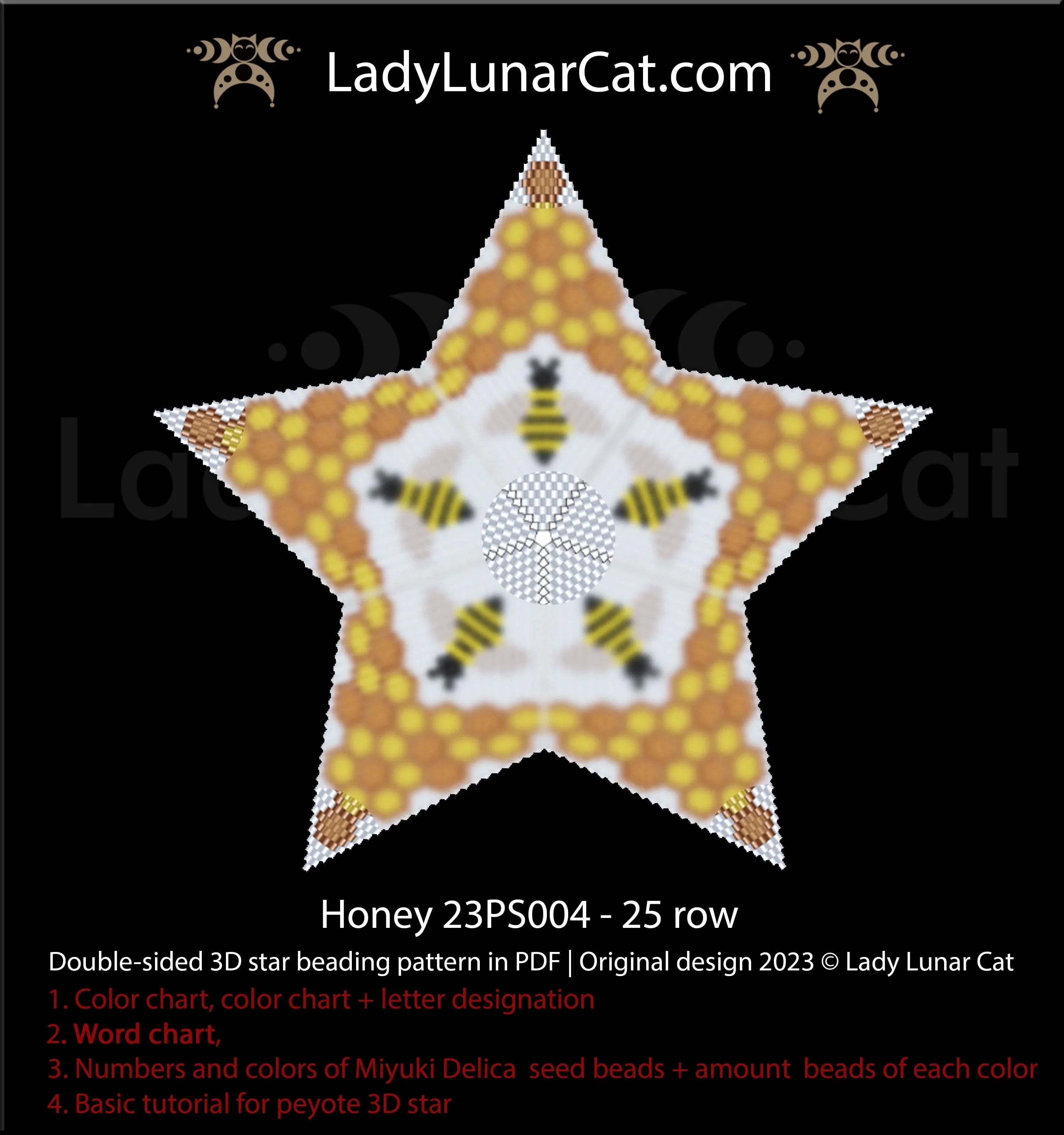 Honey beaded star full view - 3D peyote mandala golden composition LadyLunarCat